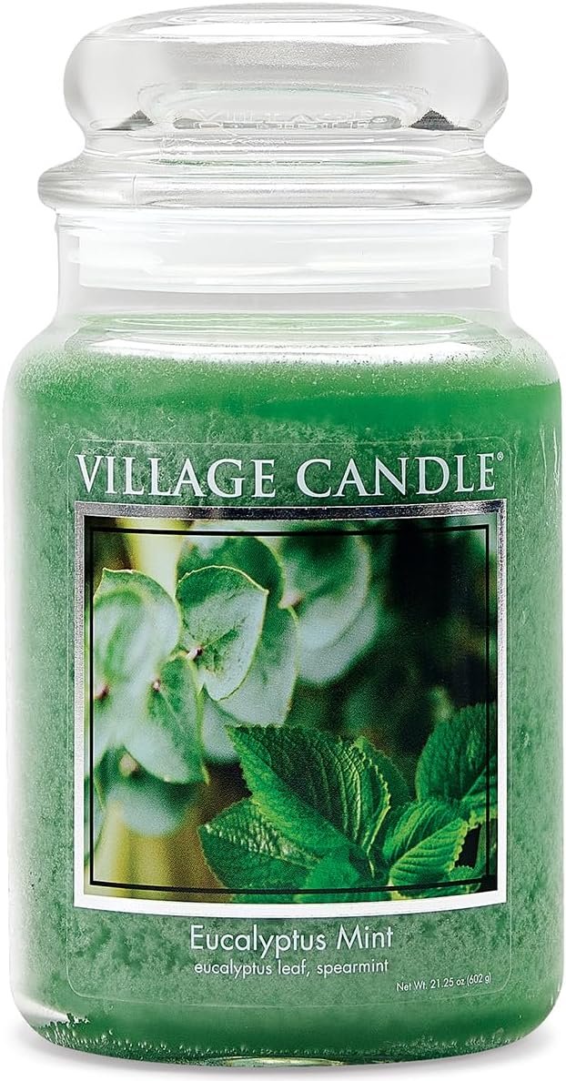Village Candle Eucalyptus Mint Large Glass Apothecary Jar Scented Candle, 21.25 oz, Green