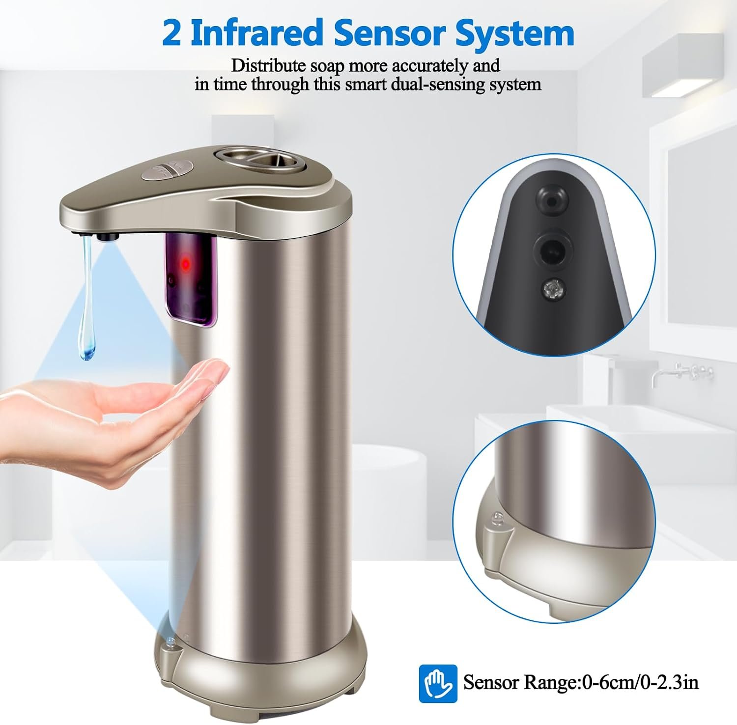 Automatic Soap Dispenser Touchless, 3 Level Adjustable Precise Dispensing, Infrared Sensor Hands Free Soap Dispenser with Waterproof Base, Stainless Steel for Kitchen Bathroom