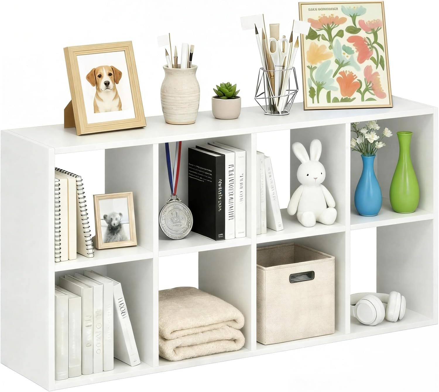 8-Cube Storage Organizer Shelf, Open Cube Bookshelf, Reversible Bookcase, Sturdy Modern Storage for Home Office, Bedroom, Living Room, White