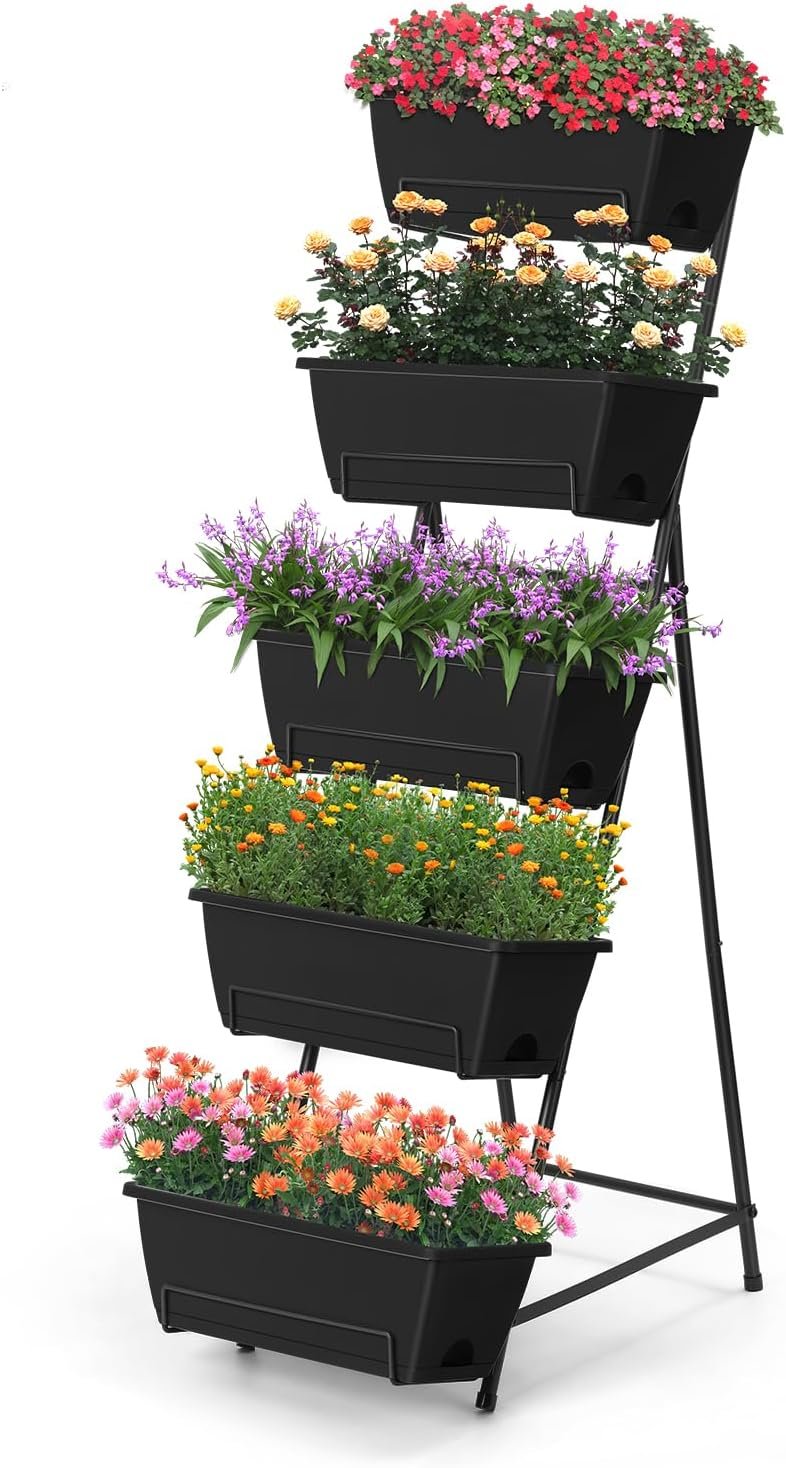 5 Tier Vertical Raised Garden Bed Planter Box, Vertical Raised Bed with Drainage Holes for Indoor Outdoor Herbs Flowers Vegetables Plants, Black