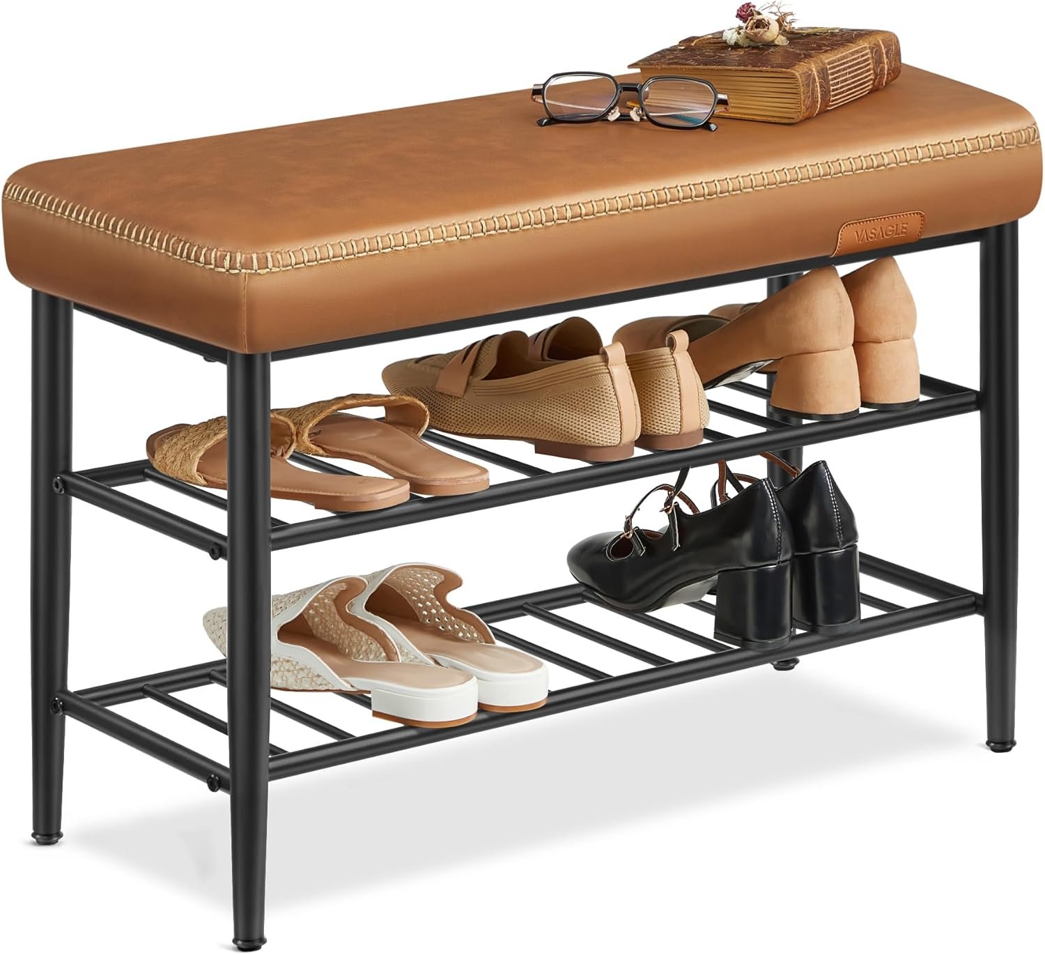 VASAGLE EKHO Collection – Shoe Rack Bench, Storage Bench for Entryway, Synthetic Leather with Stitching, Mid-Century Modern, Loads 300 lb, 11.8 x 31.5 x 19.7 Inches, Caramel Brown ULSB054K01