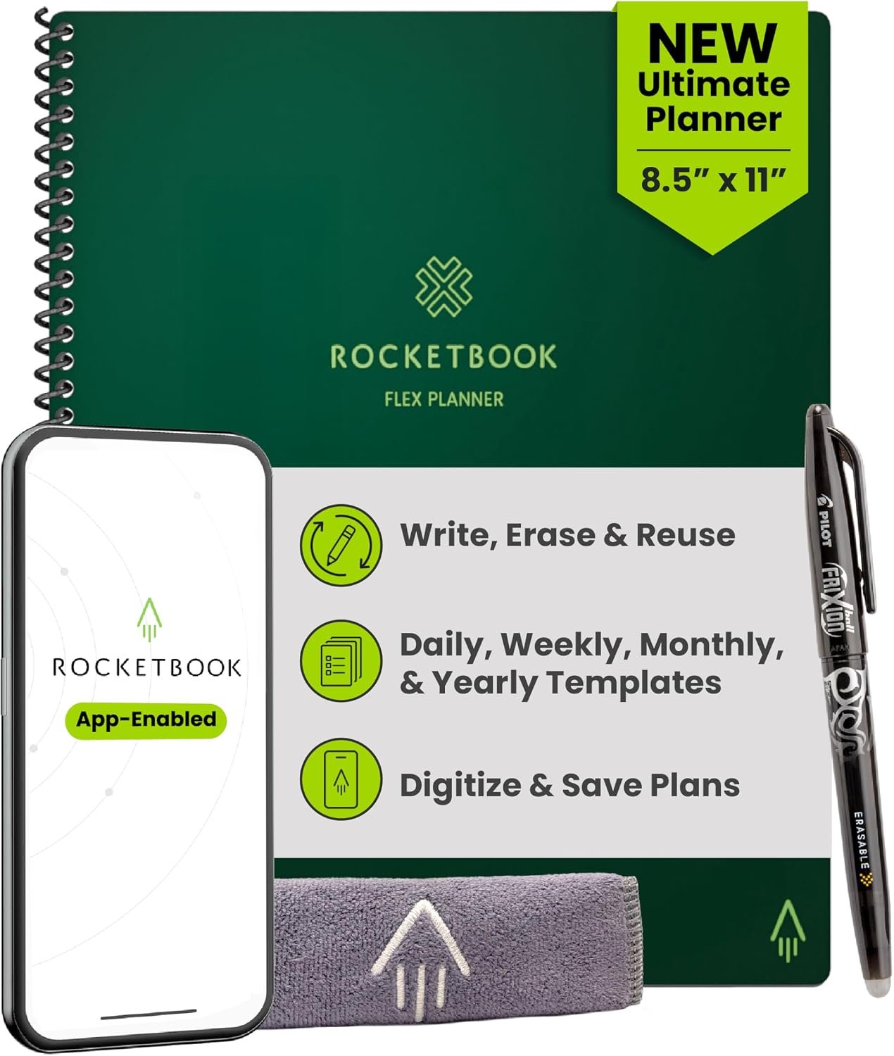 Rocketbook Flex Reusable Planner, Smart Undated, Daily, Weekly, Monthly, Annual Calendar Templates, Letter Size 8.5×11, Green (Pack of 1)