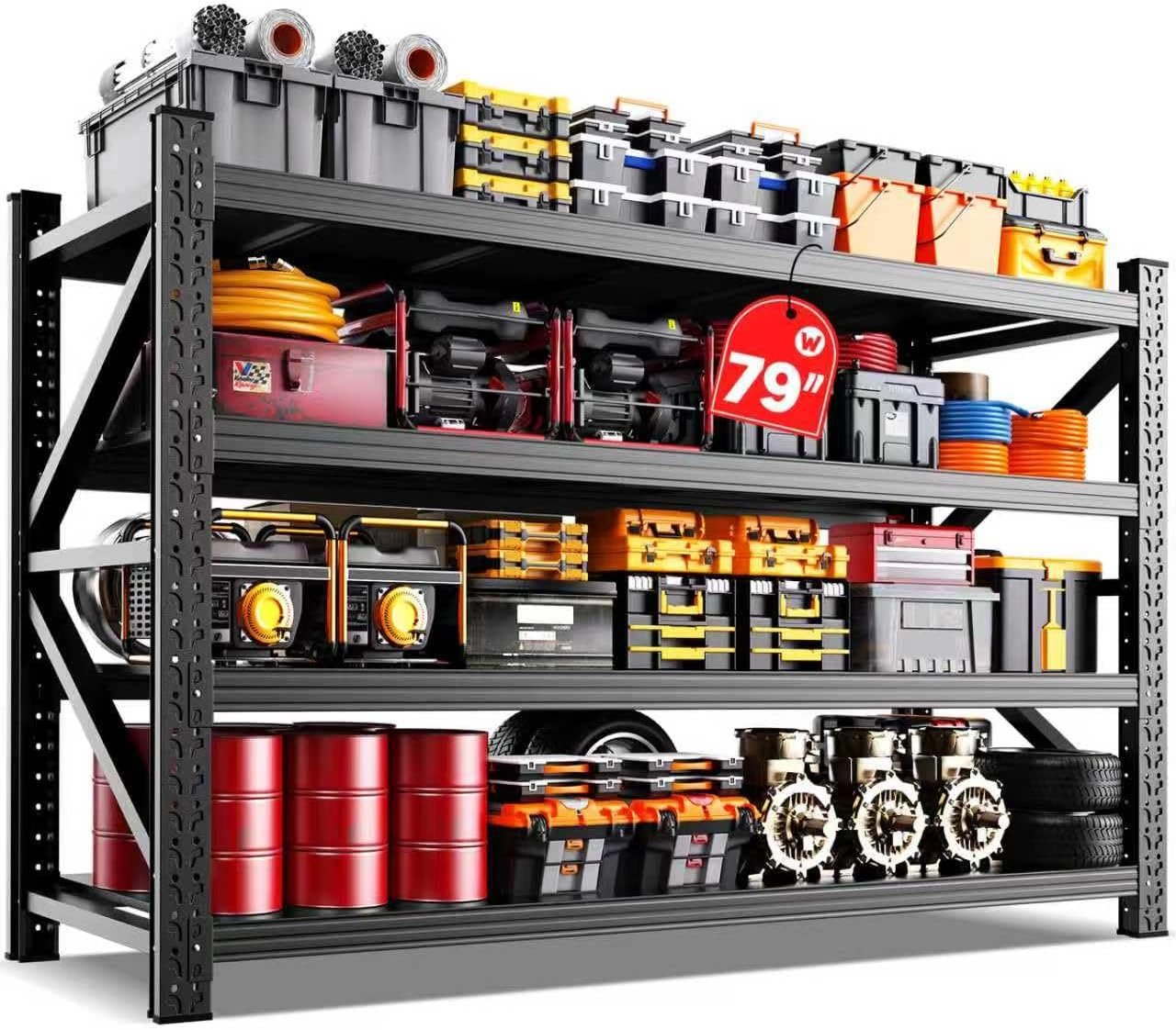 79″W Garage Shelving,8000lb Heavy Duty Storage Shelves,Industrial Metal Storage Shelving,Easy to install Standing Garage Shelf,4 Tier Adjustable Shelving Unit for Warehouse,Basement,74″H x 79″W x 24″D