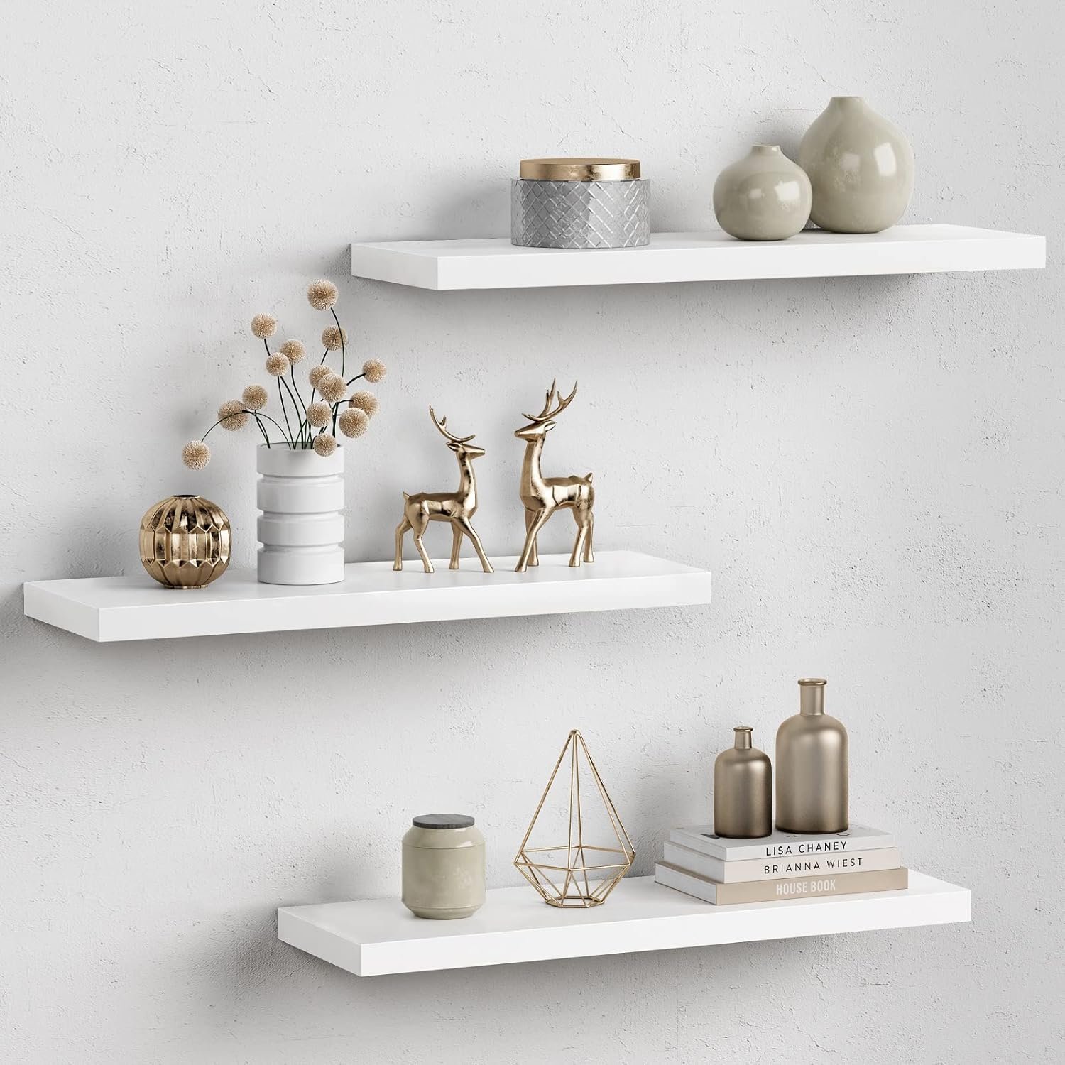 Forbena 24 Inch Floating Shelves for Wall Decor, White Wall Book Shelves for Bedroom, Large Long Deep Hanging Shelves for Bathroom Office Laundry Living Room Kitchen Closet Storage – Set of 3