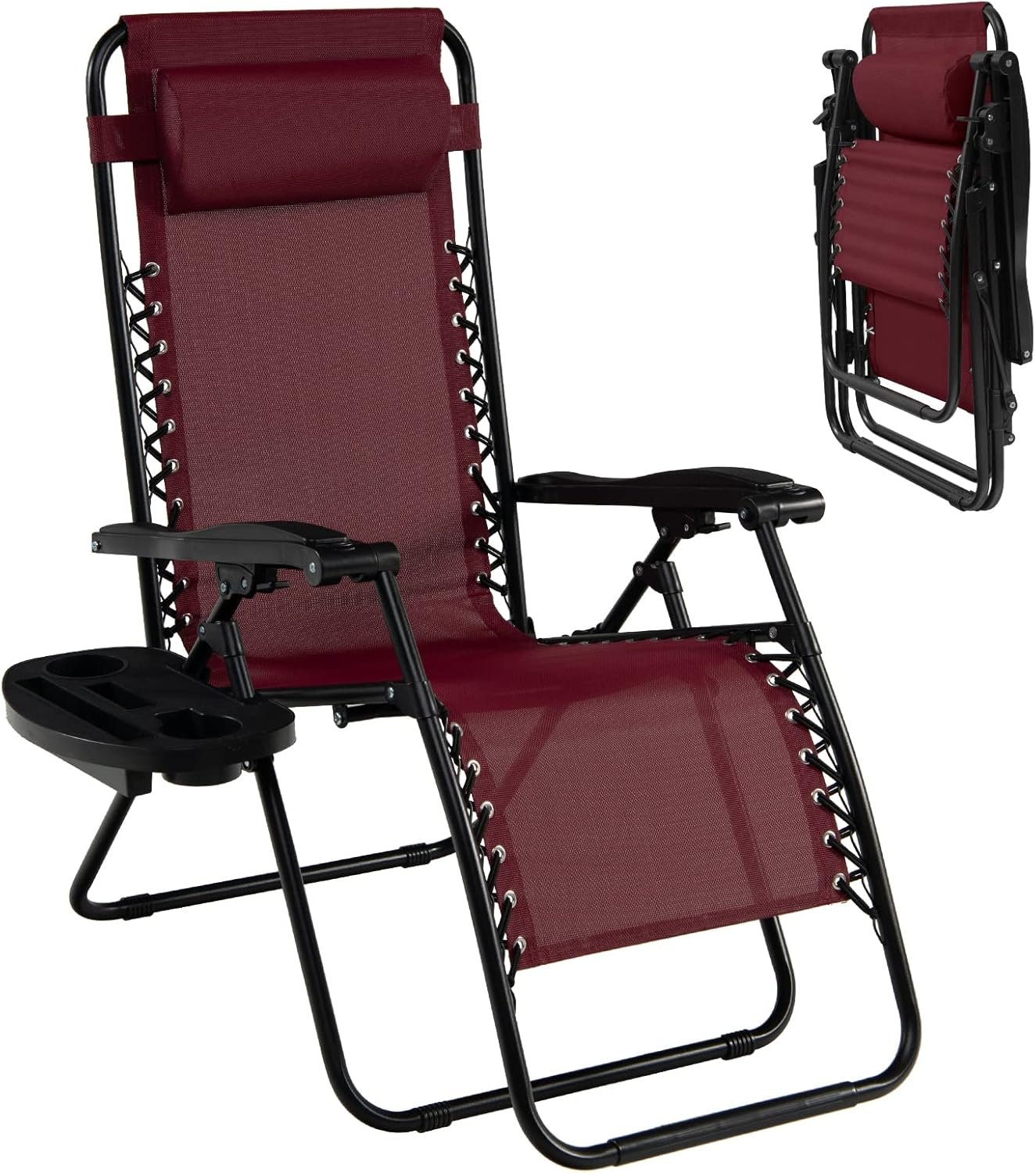 Goplus Zero Gravity Lounge Chairs, 160°Adjustable Folding Recliner w/Pillow and Cup Holder, 350LBS Comfy Outdoor Lounge Chairs for Patio, Lawn, Yard & Camp(1, Wine)