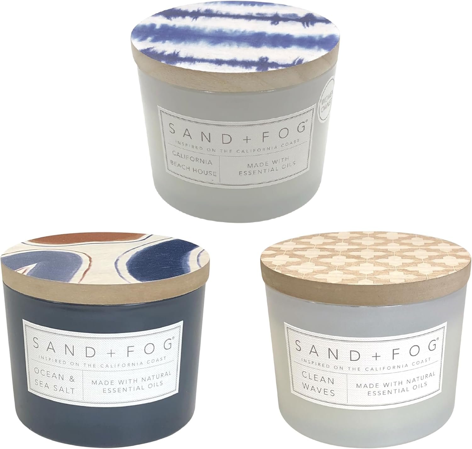 Sand + Fog Beach Day Bundle – Set of Three Luxury Candles – California Beach House, Clean Waves, Ocean & Sea Salt – 12 oz