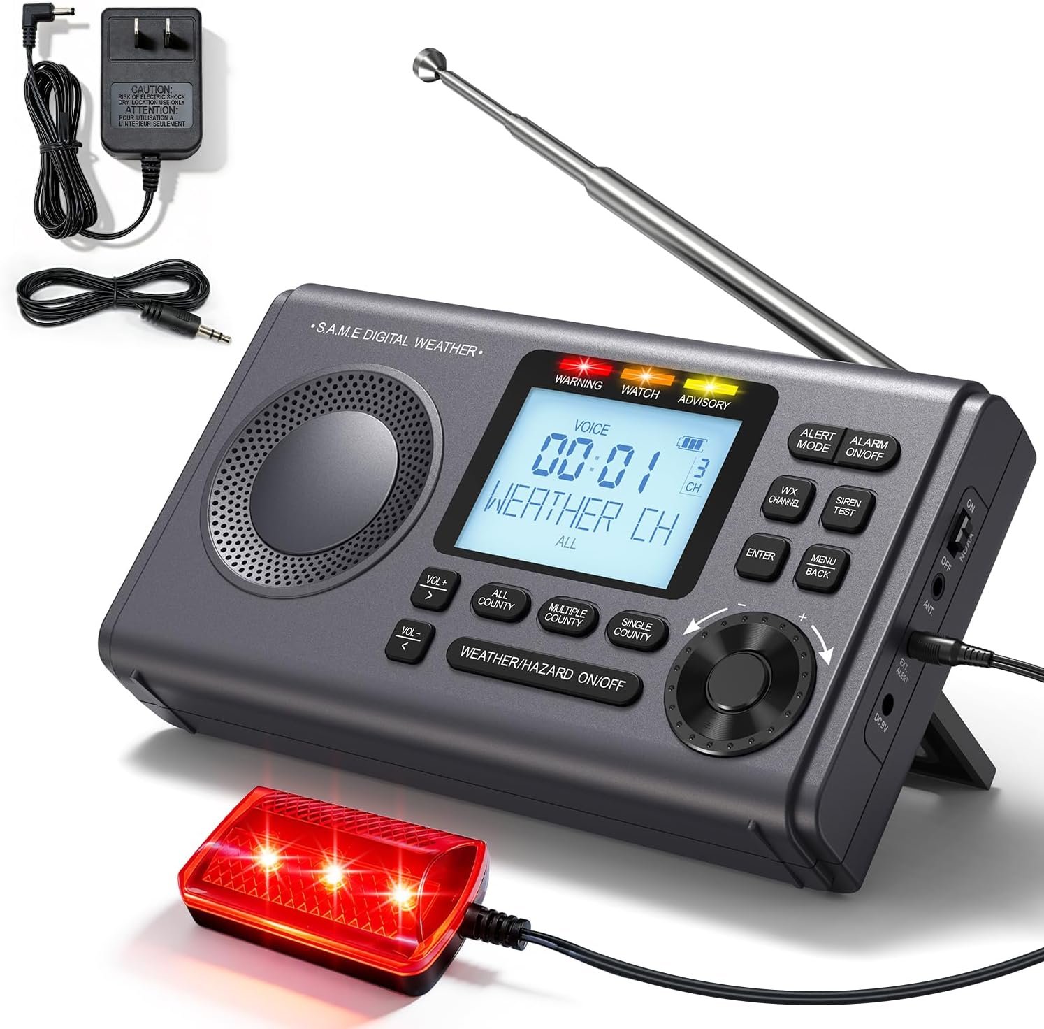 RunningSnail NOAA Weather Radio with 80+Emergency Alerts, 23 S.A.M.E Localized Programming County Codes, Battery Backup, Alarm, Selectable Alert Tone (with External Antenna & External Warning Light)