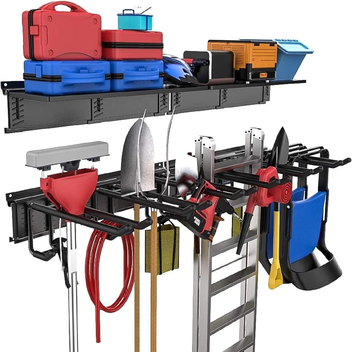 TORACK Garage Storage Organizer Systems, Wall Mount Overhead shelving, 48 inch Heavy Duty Steel Tool Racks, 6-Pack 12” Double Hooks, 48 inch by 7 inch Floating Shelves, up to 1200Ibs