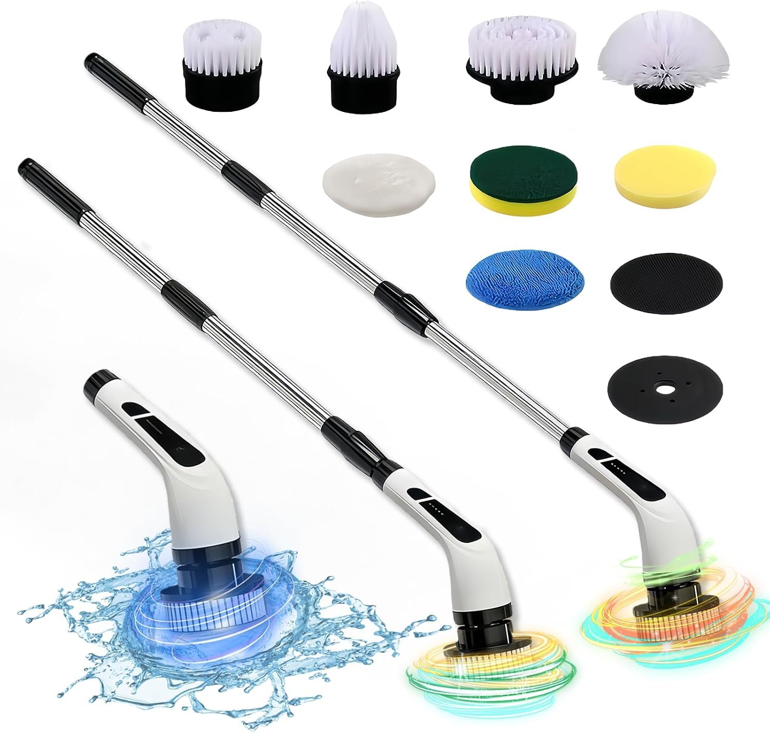 Electric Spin Scrubber- Ditch the Scrubbing! Long Handle Shower Scrubber with 9 Replaceable Heads – 2 Speed Cordless Brush Ensures Long Battery Life, Modern Design! (White)