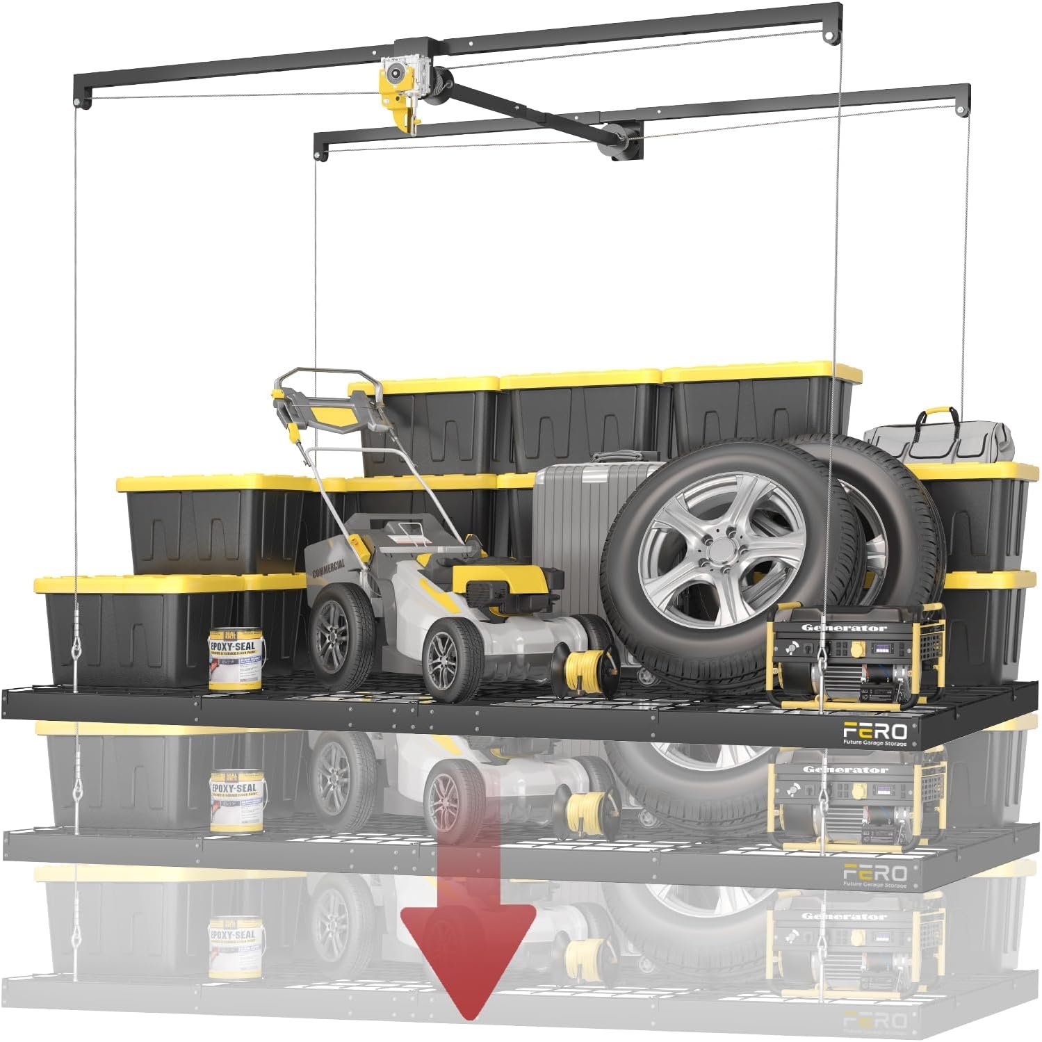 Garage Ceiling Storage Racks – 4×8 FT Overhead Garage Storage Rack with Safety Lock, Heavy-Duty Ceiling Mounted Lift System and Storage Organizer, Ideal for Maximizing Overhead Space, 325 lbs Capacity