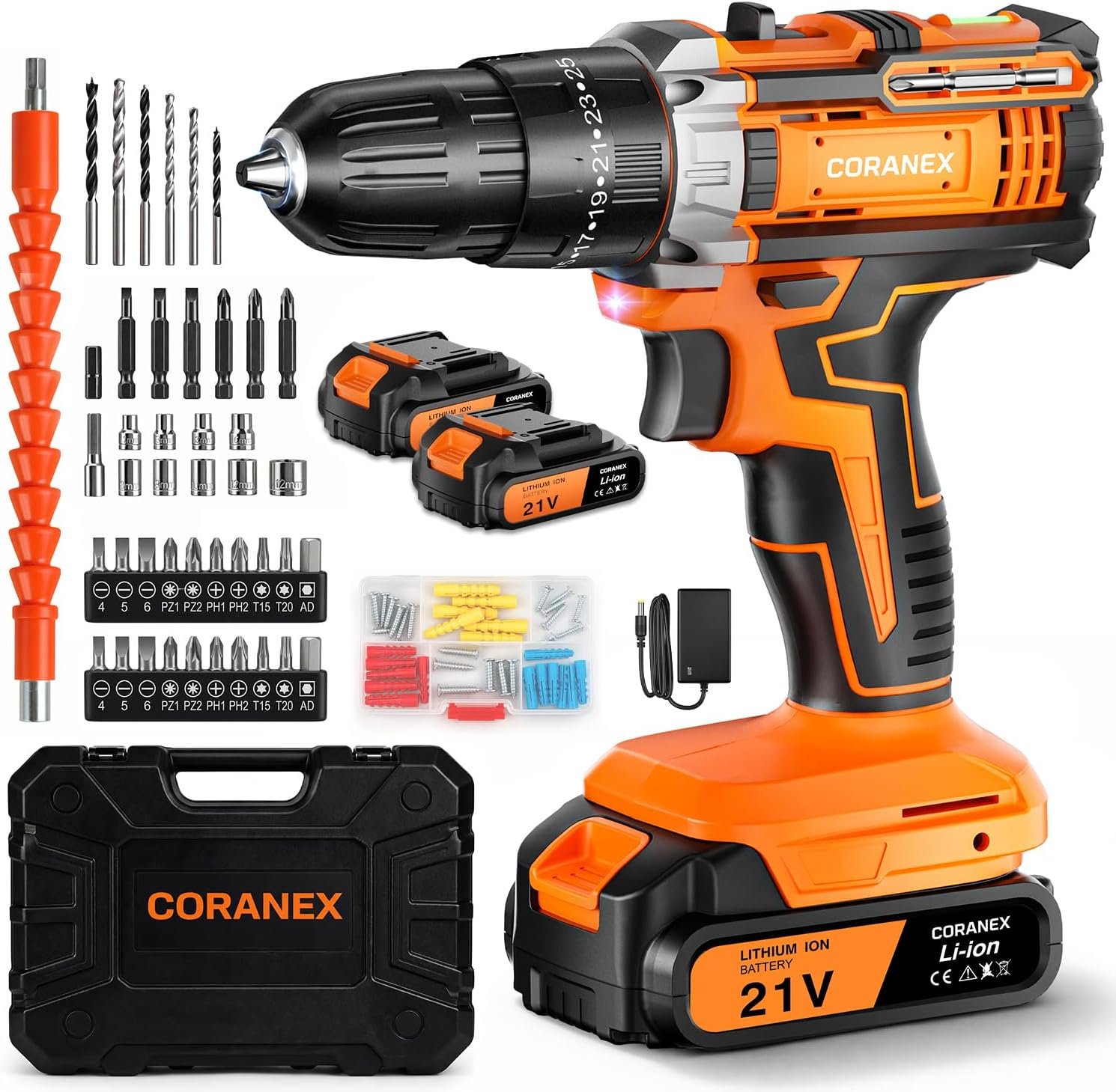 21V Cordless Drill Set with Case | Easy to Control & Lightweight | 2 Batteries | 3/8″ Keyless Chuck | For Home Repair & Furniture Assembly