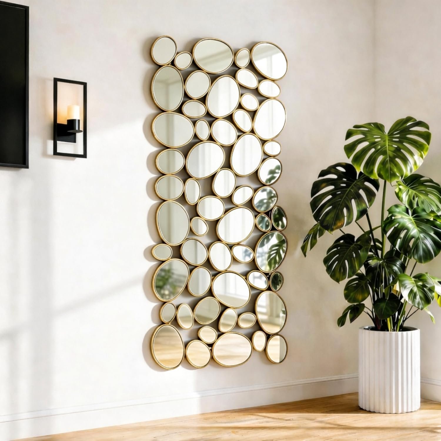 Gold Wall Mirrors Decorative – 51″x23″ Large Modern Wall Mirror for Home Decor, 55 Pieces Multi-Size Pebble Design Metal Framed Accent Mirror for Entryway Bedroom Living Room Wall Art Decor