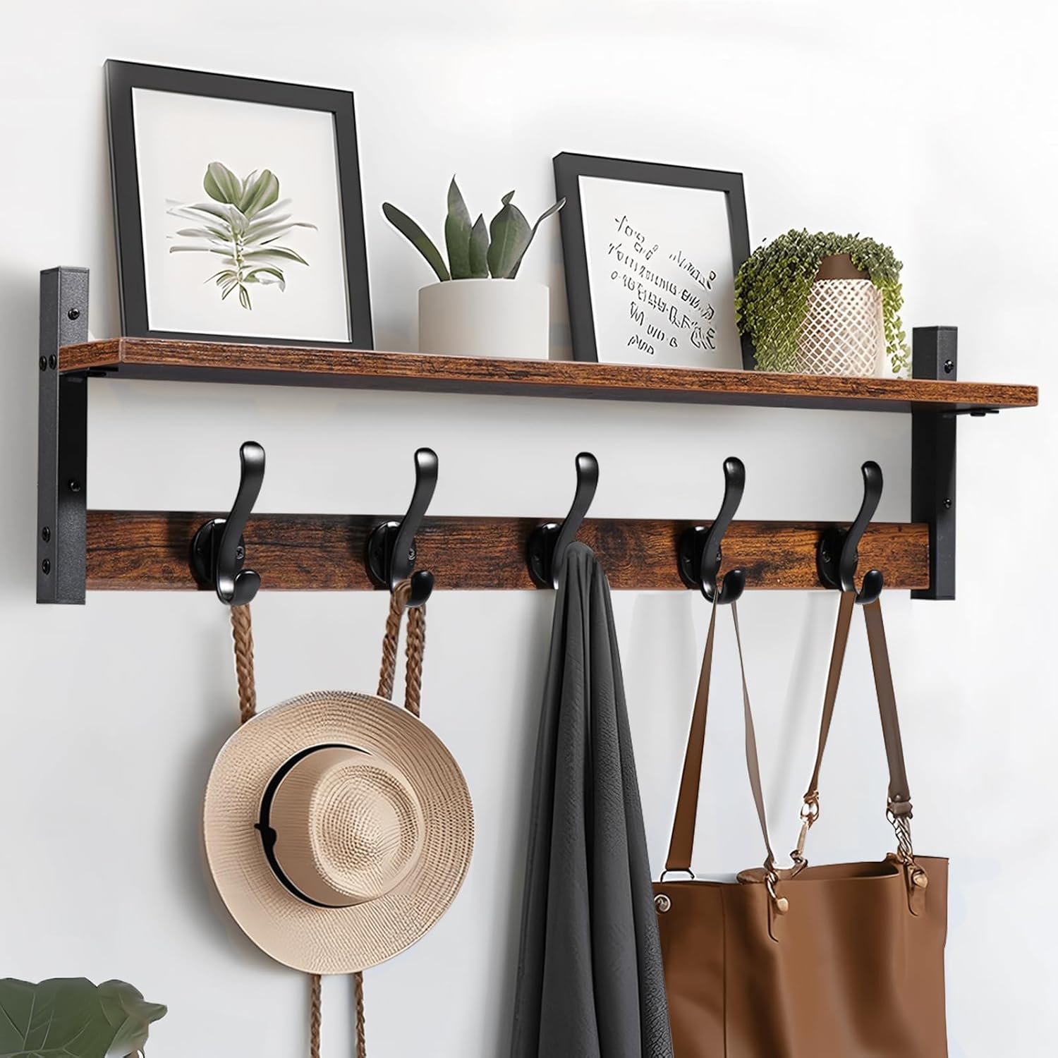 Tatub 29″ Rustic Coat Rack Wall Mount with Shelf, Entryway Wall Hooks with Shelf, Coat Hangers for Bathroom, Living Room, Bedroom, Rustic Black