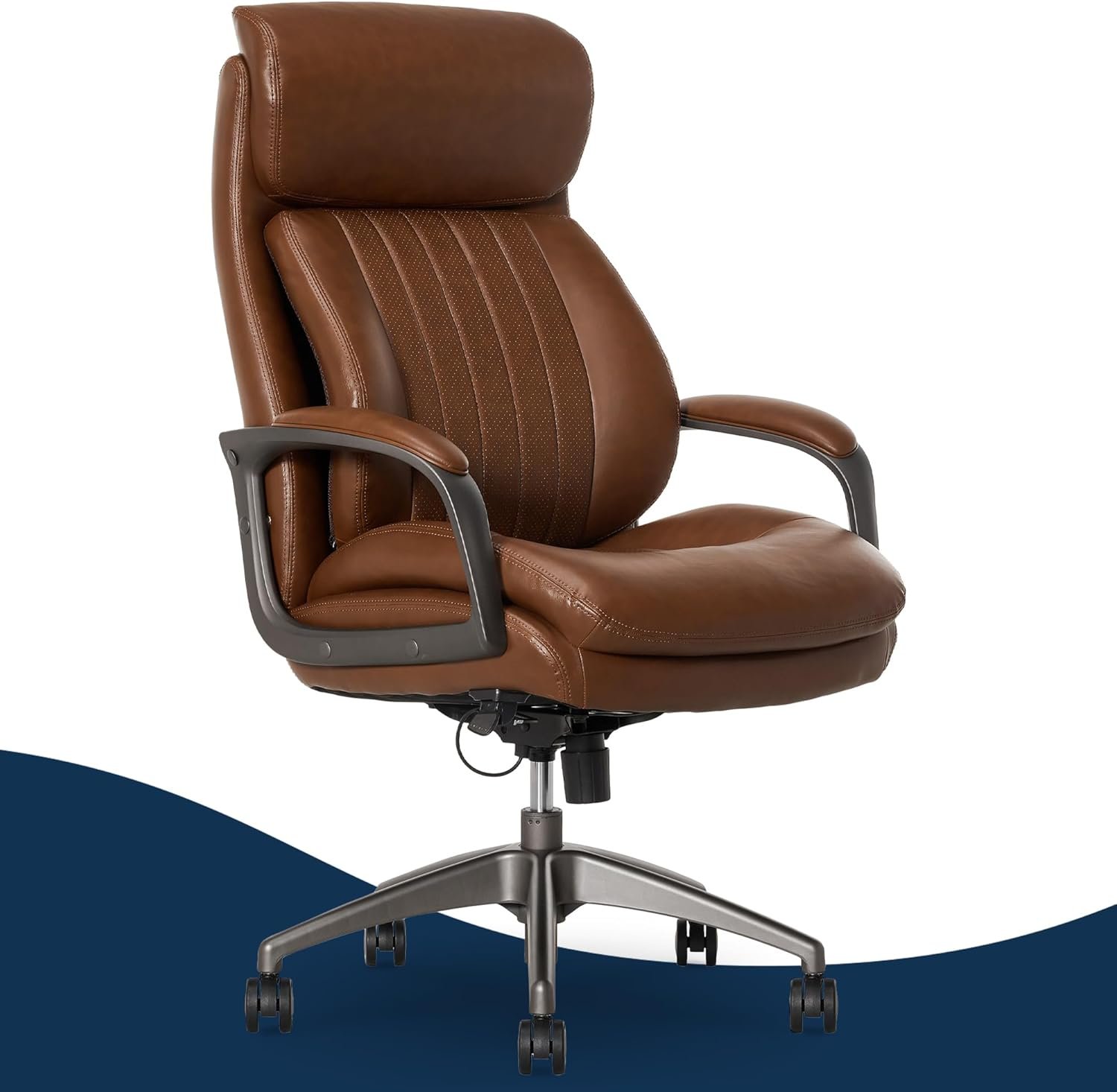 La-Z-Boy Nova Executive Office Chair – Ergonomic High Back Desk Chair with AIR Lumbar Support – Comfortable ComputerChair for Home Office – Vegan Leather – Cognac Brown