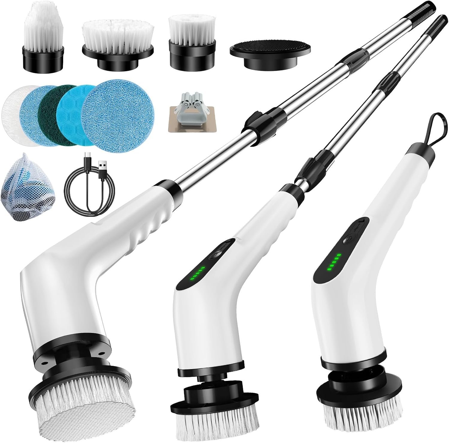 Electric Spin Scrubber, Cordless Cleaning Brush with 8 Replaceable Brush Heads, Shower Scrubber with Adjustable Extension Handle, Waterproof Power Scrubber for Bathroom Tile Floor Tub Car Walls