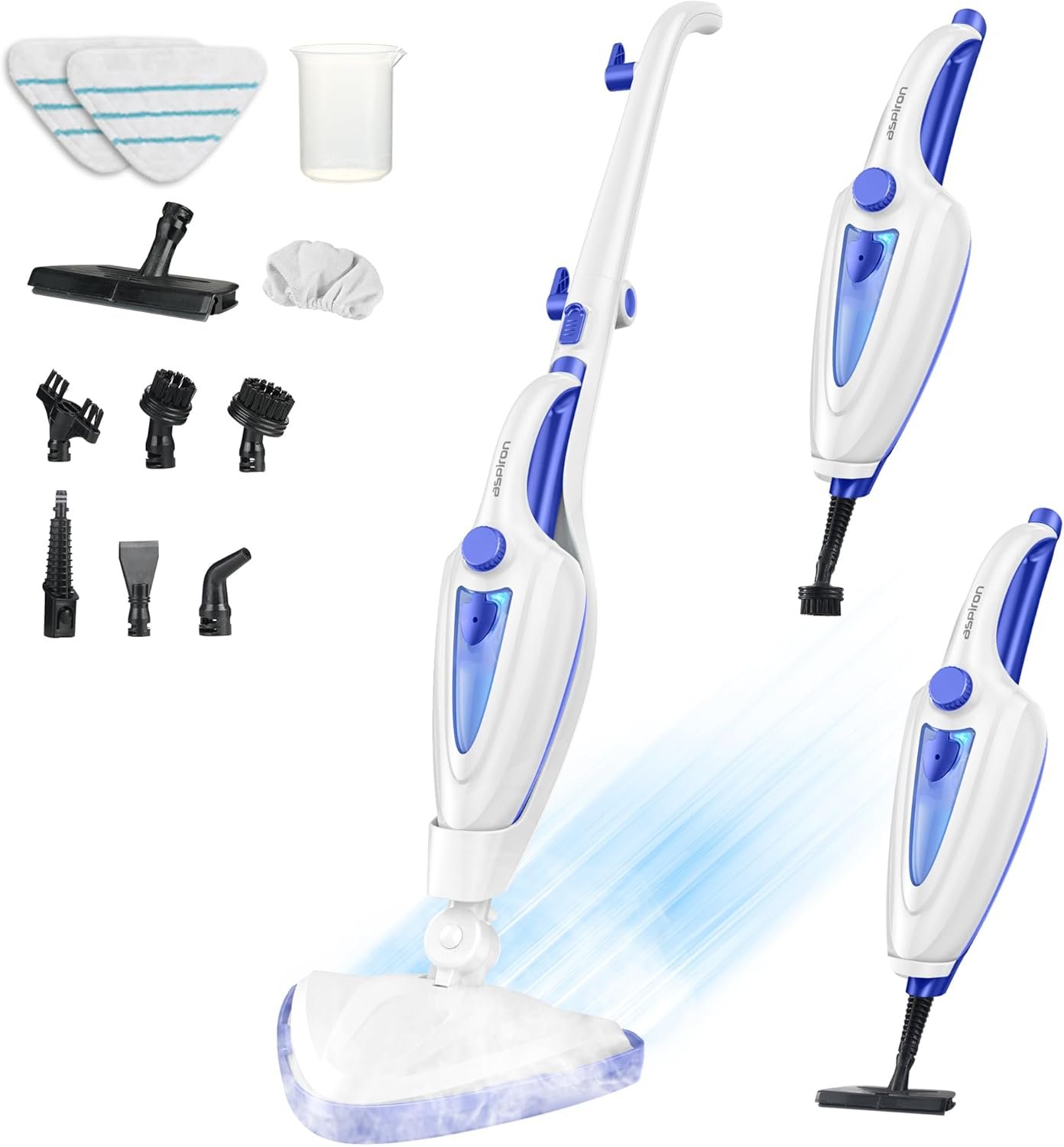 Aspiron 12-in-1 Steam Mop, Fast 15-Sec Heat-Up, 1500W Detachable Handheld Steam Cleaner with 2 Dirt Grip Pads, Removes 99.99% Stubborn Stains for Hardwood Floors, Windows, Tiles, Furniture, Sapphire