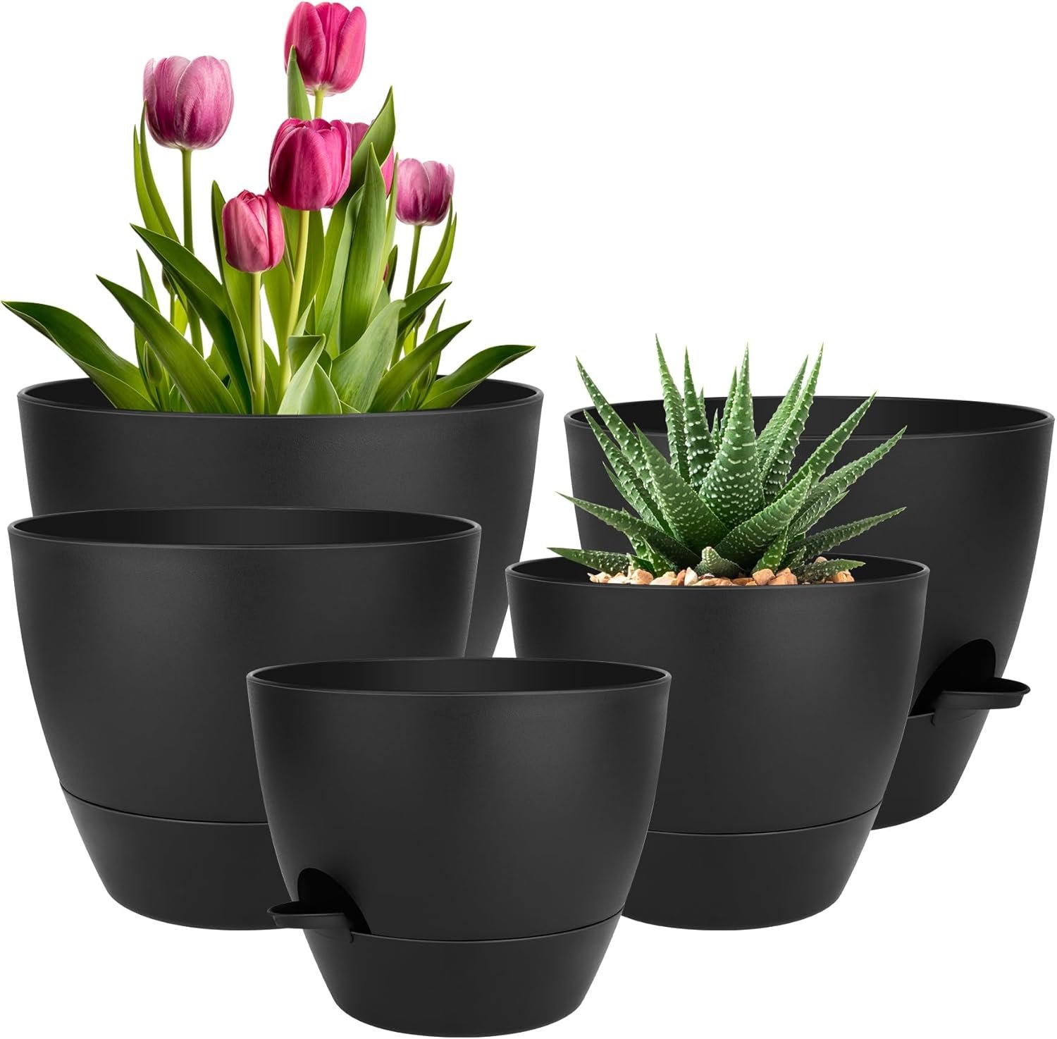 QRRICA Plant Pots 10/9/8/7.5/7 Inch Self Watering Pots, Set of 5 Plastic Planters with Drainage Holes and Saucers,Plastic Flower Pots,Nursery Planting Pot for Indoor Out Door Plants(All Black)