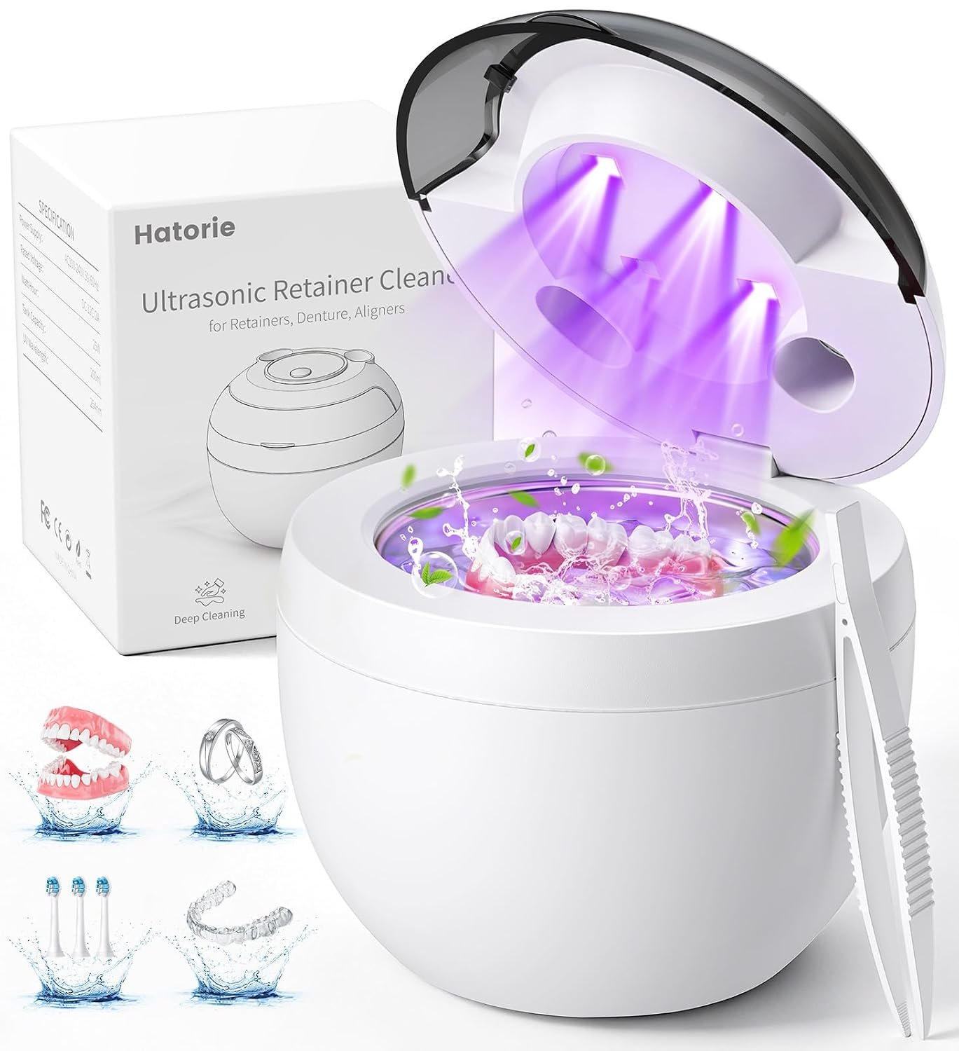 Ultrasonic Retainer Cleaner Machine, 45kHz Deep Gentle Dental Cleaning Pod with 304 Stainless Steel Tank, 4 Cleaning Modes for Aligners, Dentures, Mouth Guards, Night Guards, Toothbrush Heads