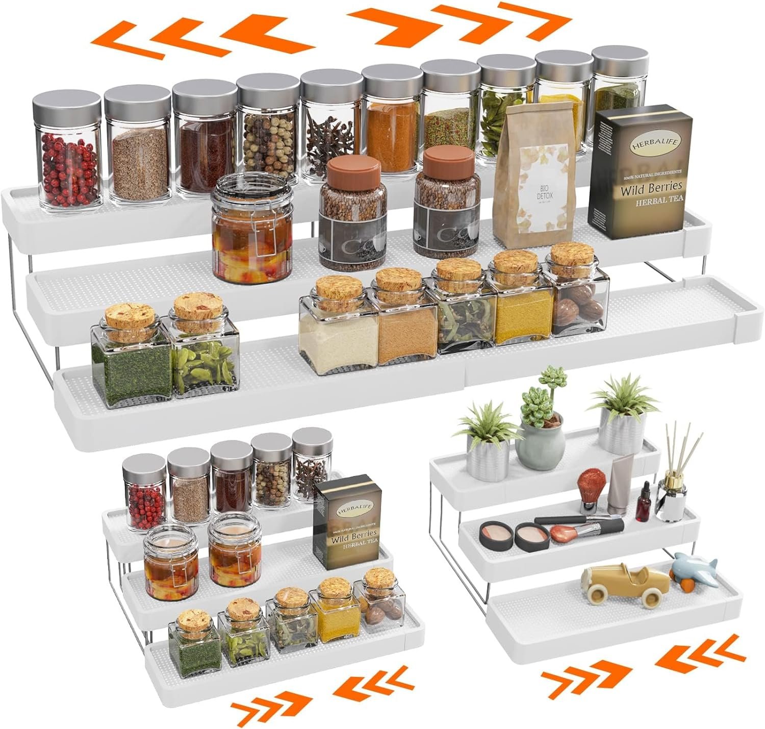 Expandable Spice Rack Organizer for Cabinet – 3 Tier Adjustable Cabinet Spice Organizer Easy Visibility – Spice Organizer for Cabinet Countertop Cupboard Pantry Organization (White)