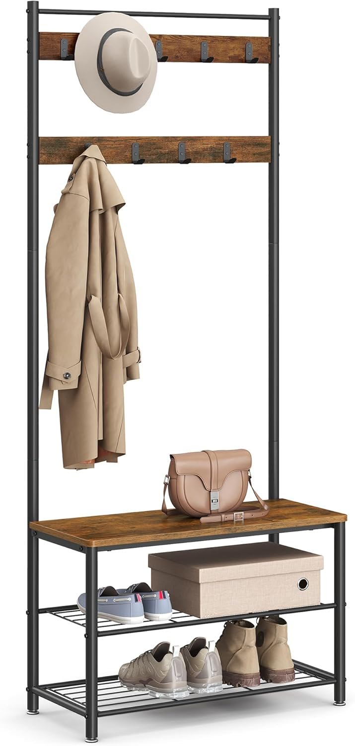 VASAGLE Coat Rack, Hall Tree with Shoe Storage Bench, Entryway Bench with Shoe Storage, 3-in-1, Steel Frame, for Entryway, 12.6 x 27.6 x 68.9 Inches, Industrial, Rustic Brown and Black UHSR41BX