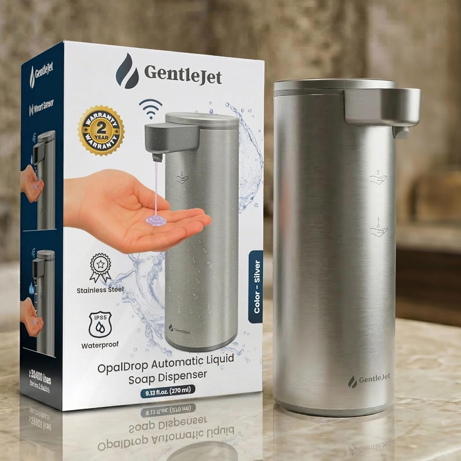 GentleJet OpalDrop Automatic Liquid Soap Dispenser for Kitchen Sink Touchless No-Drip Pump, USB-C Rechargeable, 304 Stainless Steel, IPX5 Water-Resistant, 270 ml