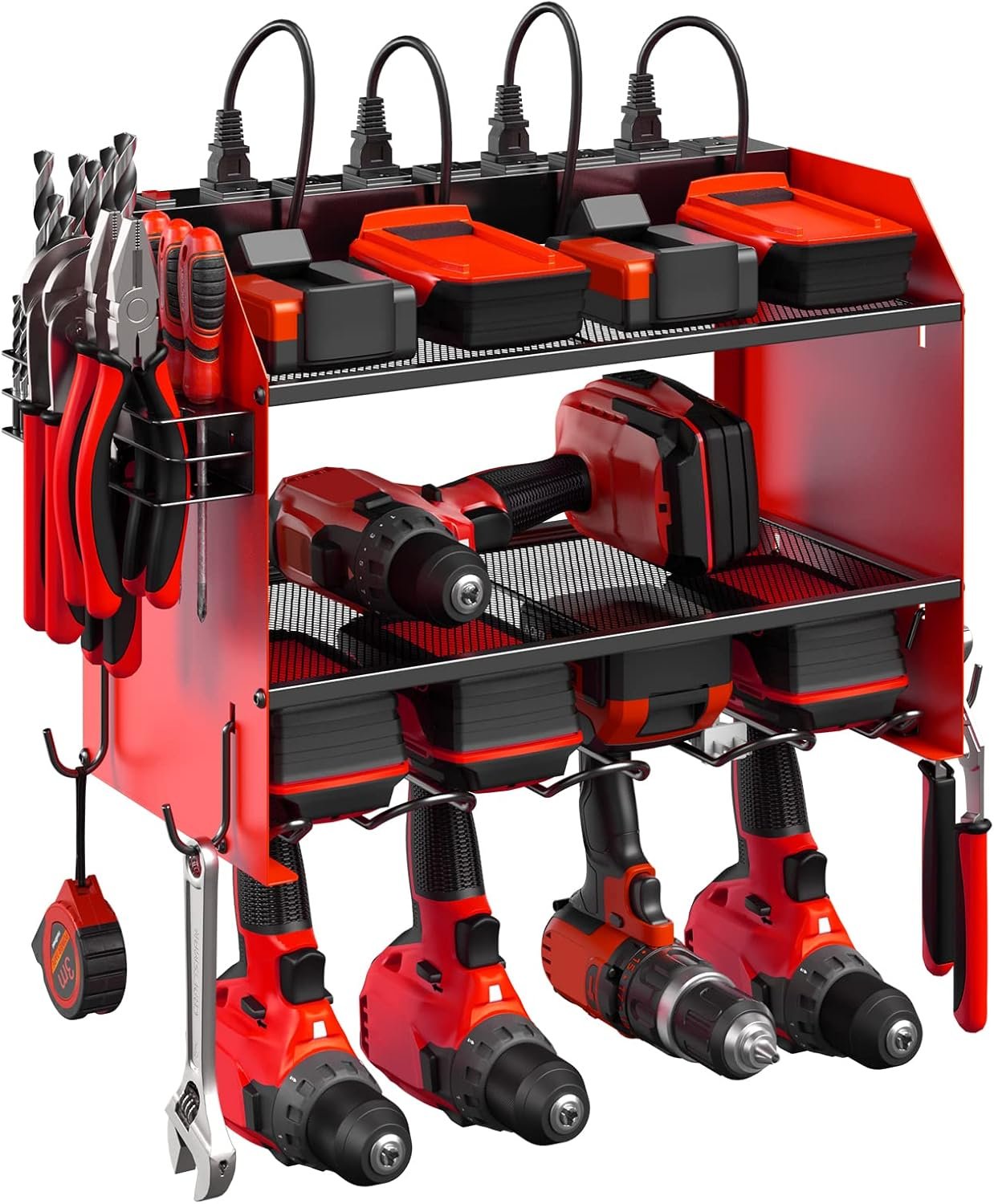 CCCEI Wall Mount Modular Tool Charging Organizer, Red, 1 Pack, 3 Tier. | Drill Battery Storage Rack with Hooks, Garage Workshop, Gifts for Men, Dad, Husband Anniversary, Birthday, Christmas