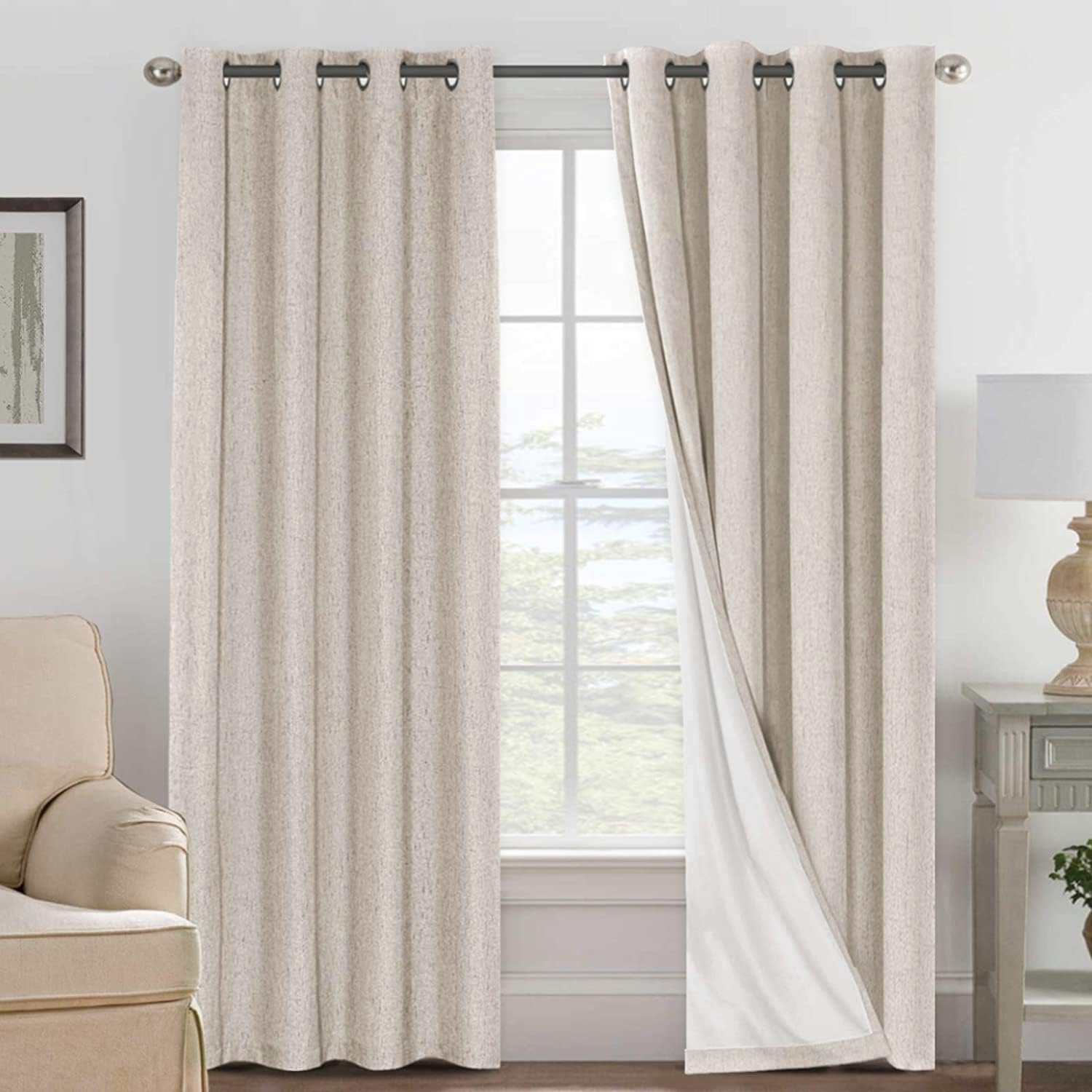 H.VERSAILTEX Linen 100% Blackout Curtains for Bedroom Light Blocking Curtains, Textured Curtains for Living Room 84 inch Grommet, White Liner Energy Efficient GRS Certified (2 Panels, Natural)