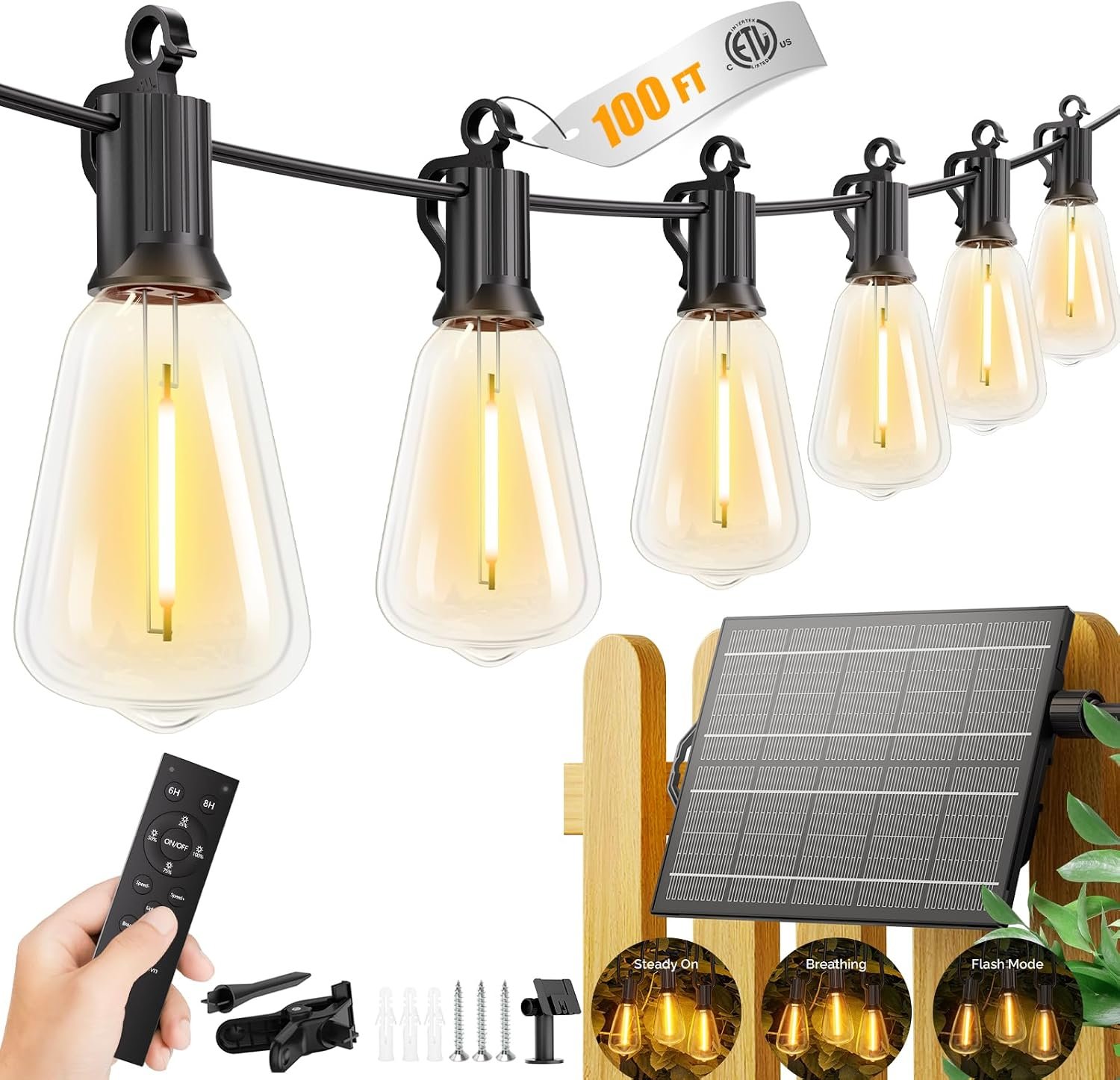 Brightown 100FT Solar String Lights Outdoor Waterproof with Remote, 31+2 LED Shatterproof Bulbs, Dimmable & Timable, 3 Light Modes, Solar Lights for Backyard Party Patio Decor – 26Hrs Runtime