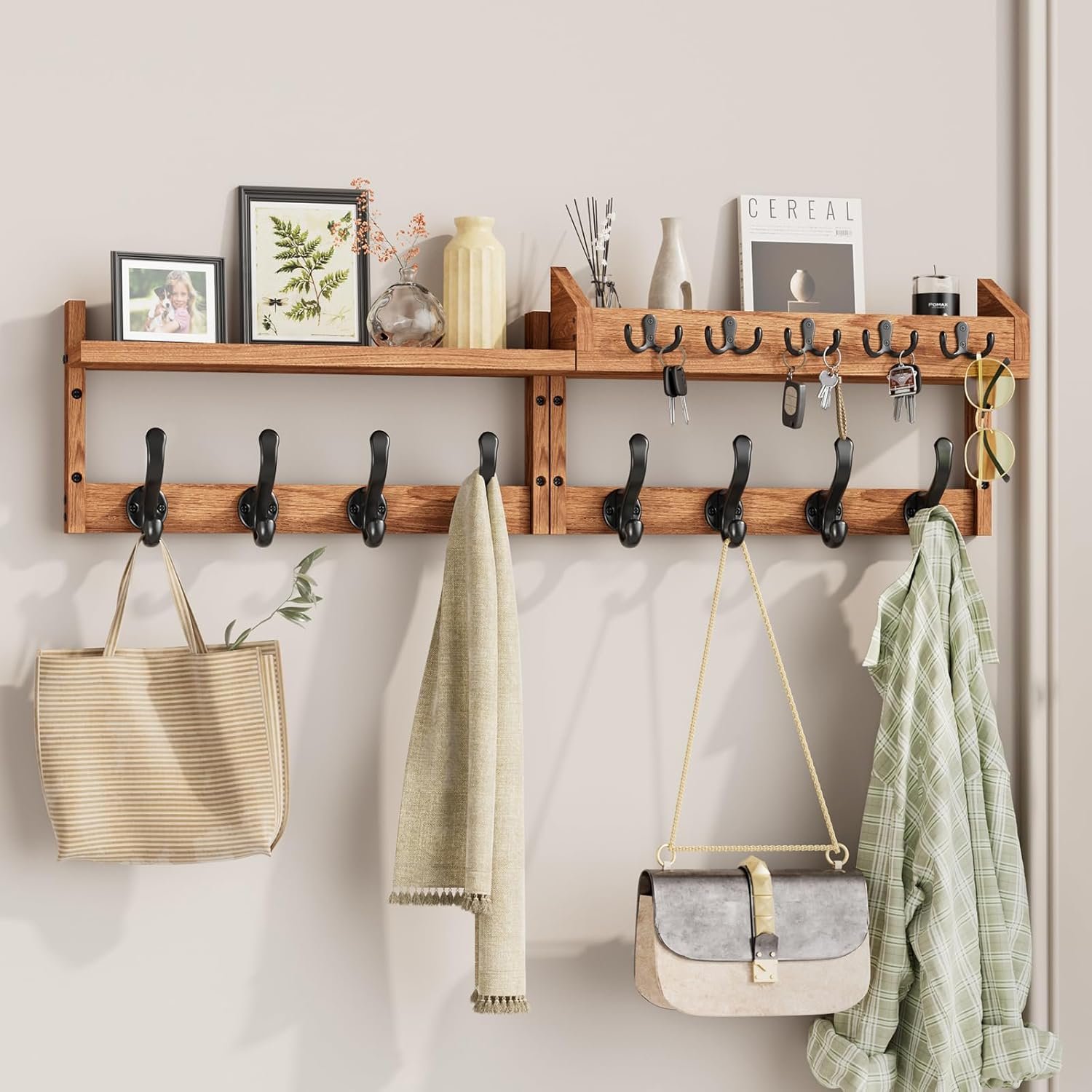 Evermagin 35″ Coat Rack Wall Mount with Shelf, 4 in 1 Wall Mounted Coat and Key Hanger with 13 Hooks, Entryway Key Holder with Mail Holder for Living Room, Bedroom
