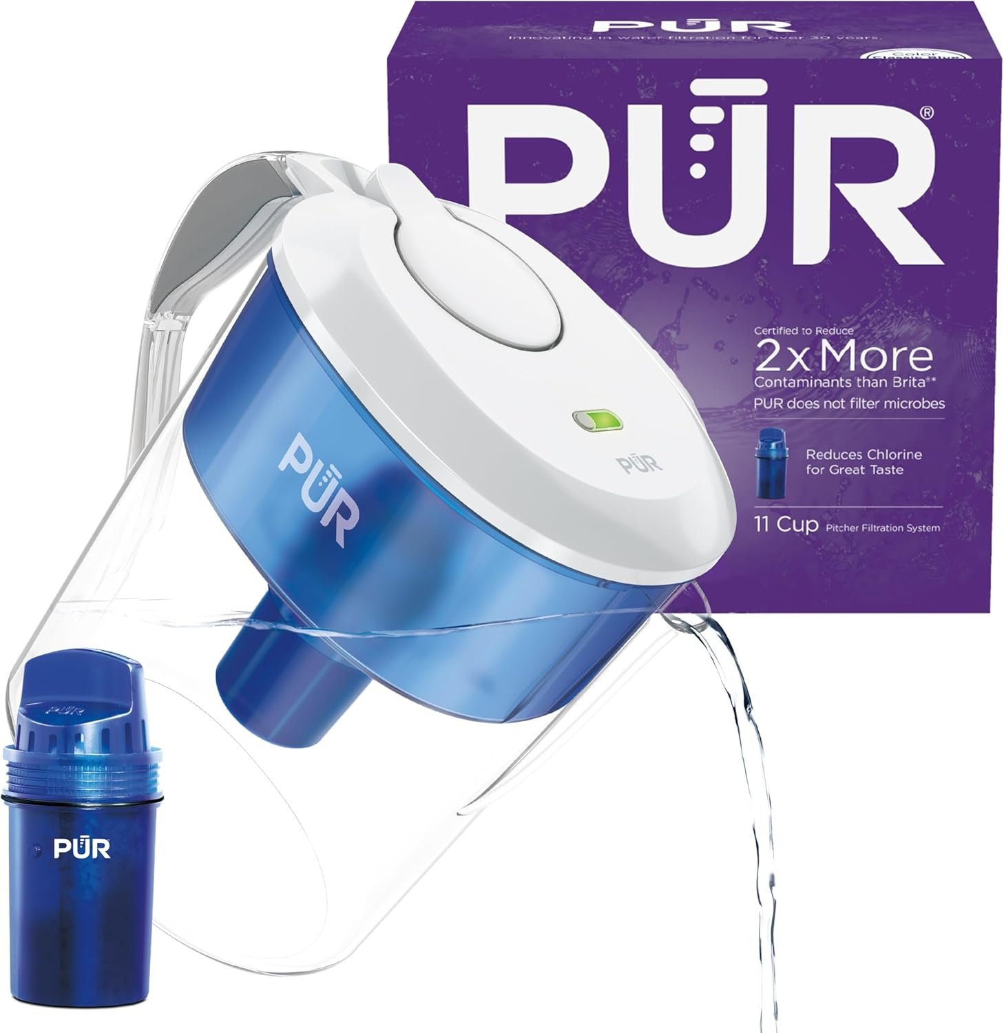 PUR 11-Cup Water Pitcher, 1 Filter, Cleaner, Great-Tasting Water, Dishwasher Safe, Powerful Filtration, Filter Change Light Indicator, LockFit Cap Design, White