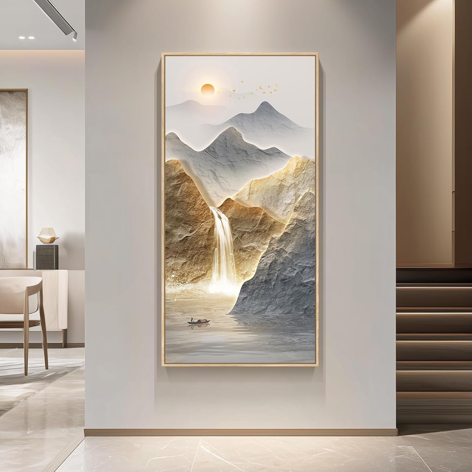 Framed Luxury Mountain Wall Art for Hallway, Extra Large Modern Landscape Canvas Artwork, Blue Gold Nature Sunrise Waterfall Painting Print for Living Room Entryway Home Office Wall Decor, 30×60 Inch