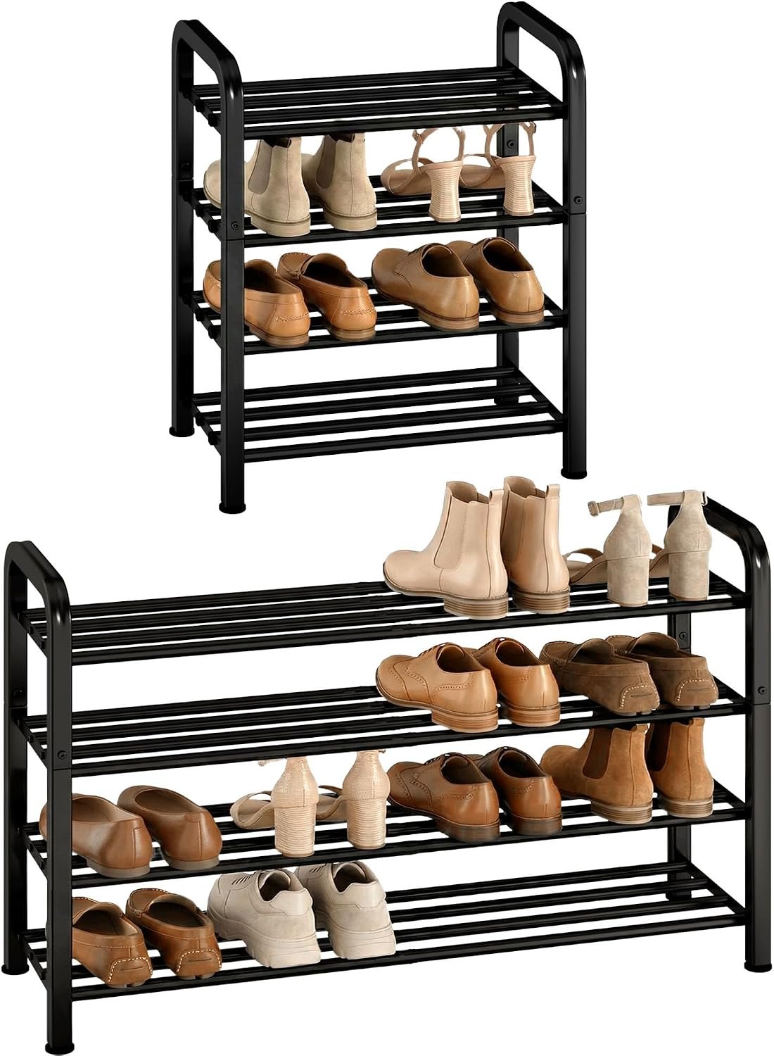 STORAGE MANIAC 4-Tier Expandable Shoe Rack, 16 Pairs Adjustable Shoe Shelf for Closet, Entryway, Hallway, Garage, Dorm, Heavy-duty Metal Shoe Organizer for Small Space, Black