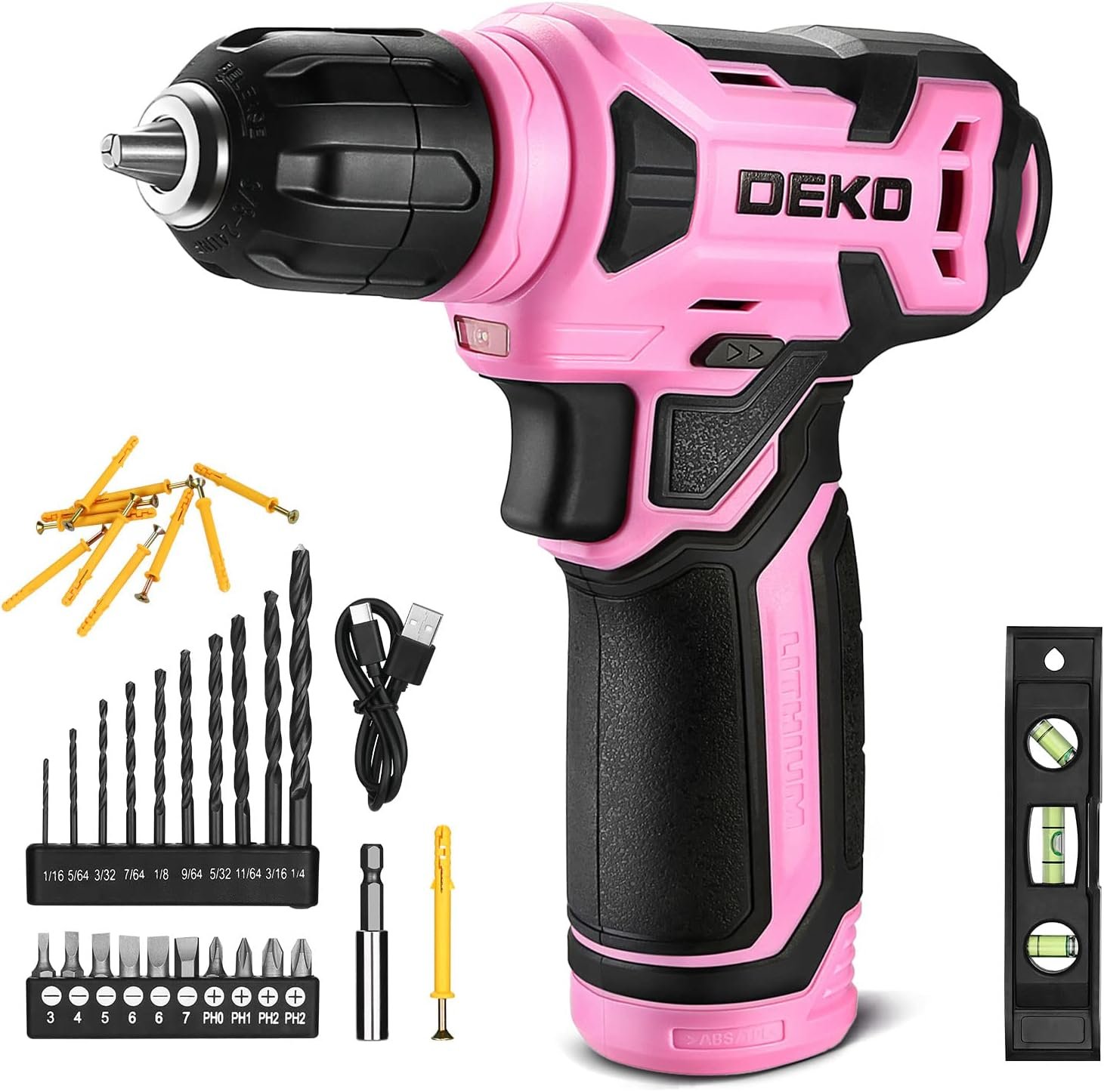 DEKOPRO 8V Cordless Drill, Drill Set with 3/8″Keyless Chuck, 42pcs Acessories, Built-in LED, Type-C Charge Cable, Pink Power Drills for Drilling and Tightening/Loosening Screws
