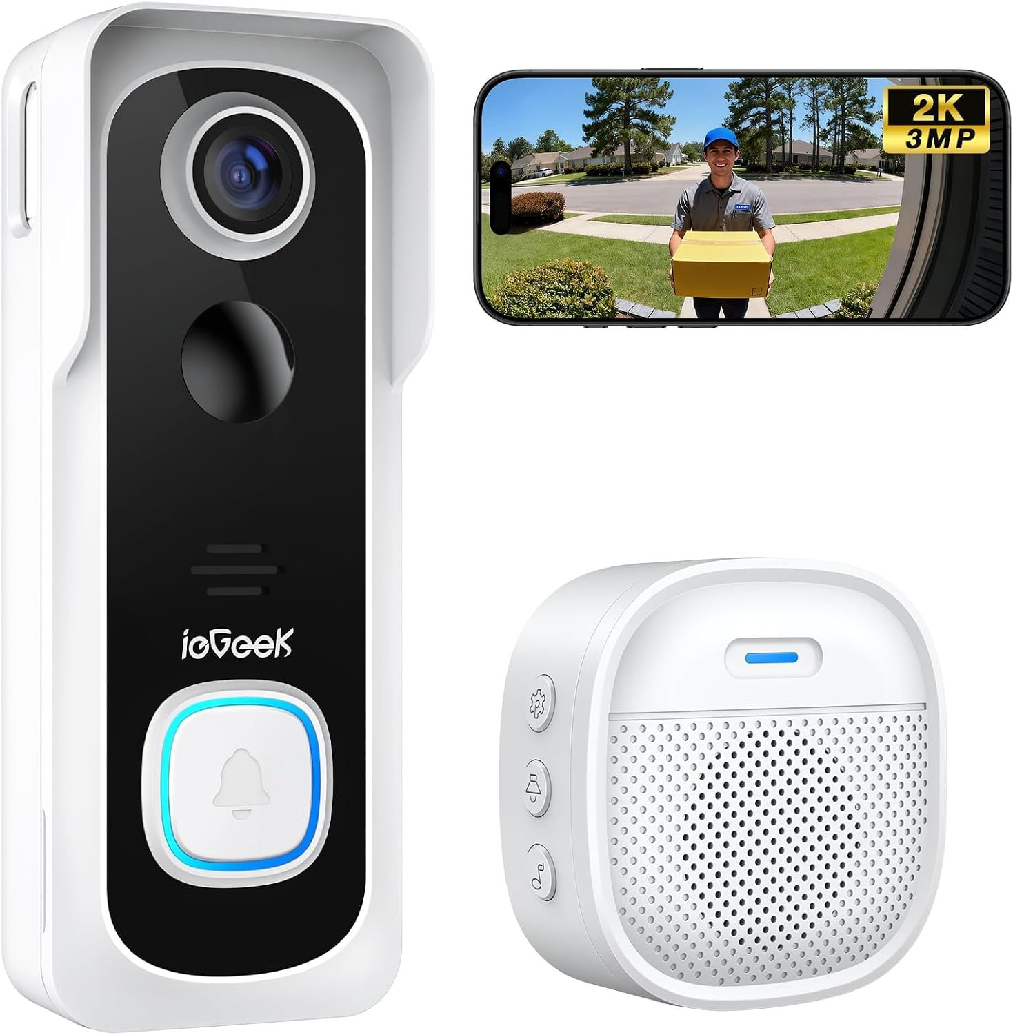 ieGeek Doorbell Camera Wireless No Subscription, 2K 3MP HD View PIR Motion Detection, Wireless Video Doorbell with Chime 2-Way Talk, Only Supports 2.4GHz WiFi, Local & Cloud Storage, White