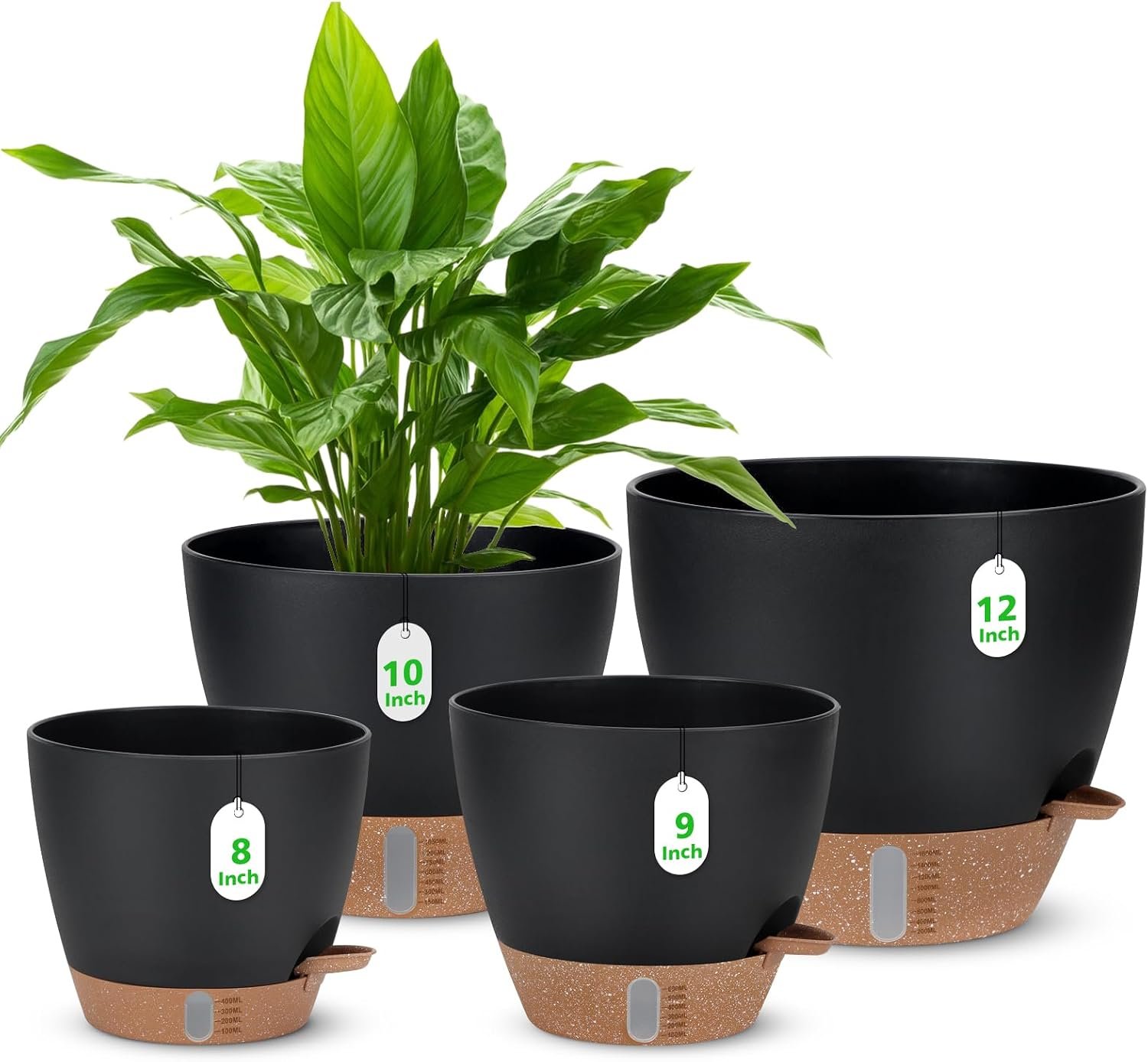 12″ 10″ 9″ 8″ Self Watering Pot for Indoor Plants, Large Plastic Planters Set with Water Level Indicator Deep Reservoir Tray, Bottom Watering Big Flower Pots with Mesh Drainage Hole – Black
