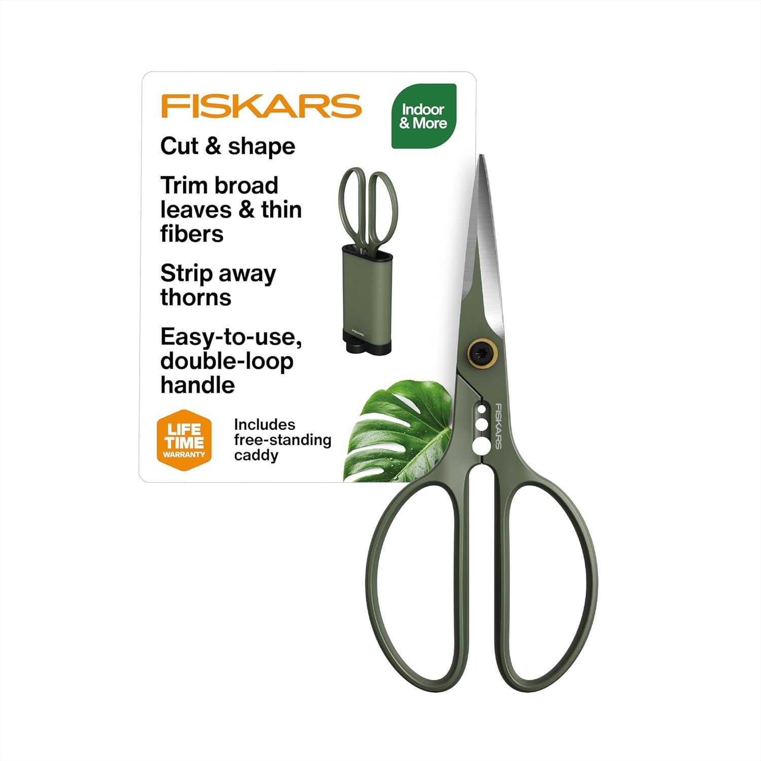 Fiskars Plant Shaping Shears & Holder, Precision Indoor Gardening Snips with Storage Caddy, Forged Stainless Steel Blades for Clean Cuts on Broad Leaves, Ambidextrous Handles & Stem Stripper, 6″