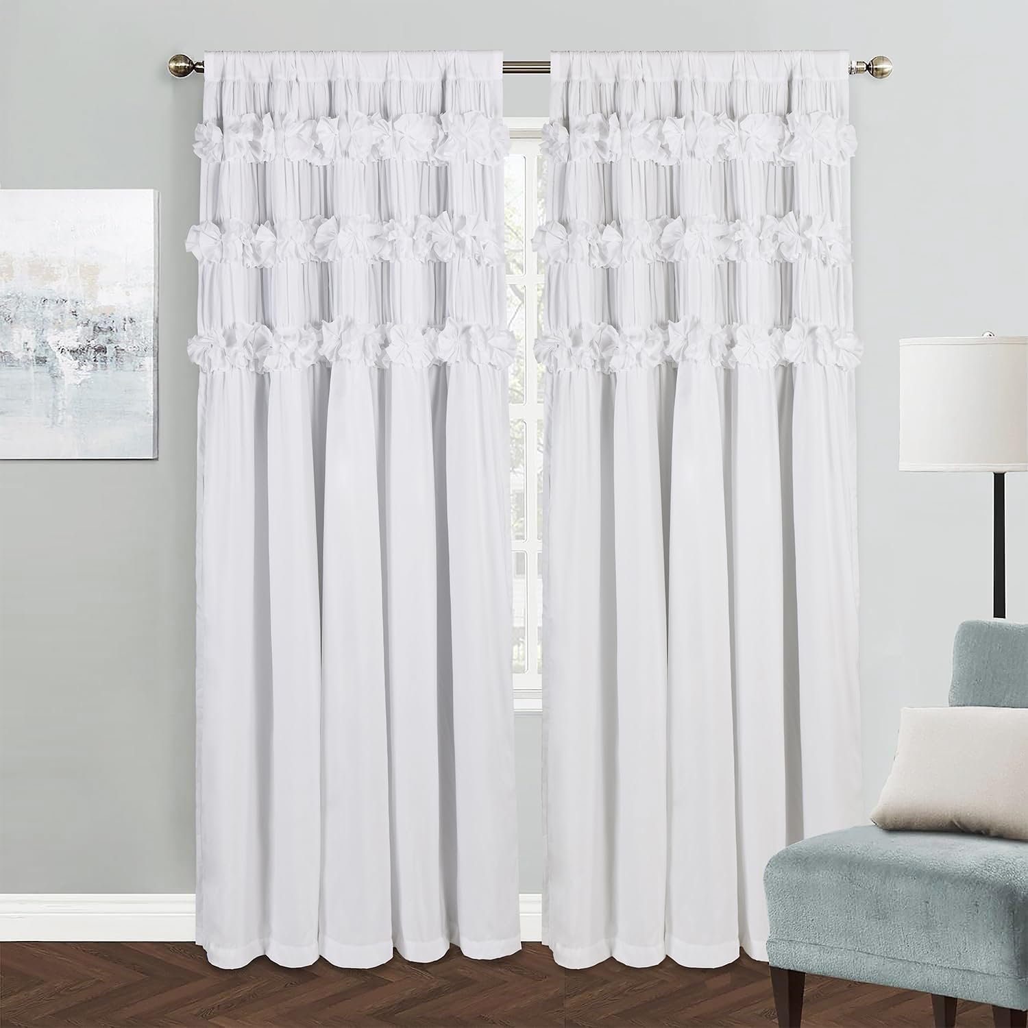 Homechoice Decor White Blackout Drapes – Handmade Ruffles & Butterfly Flower Accents Heat Blocking Window Curtain 54″ x 84″ x 2 Panels – Thermal Insulated, Soundproof & Light Reducing Curtains (LQ-37)