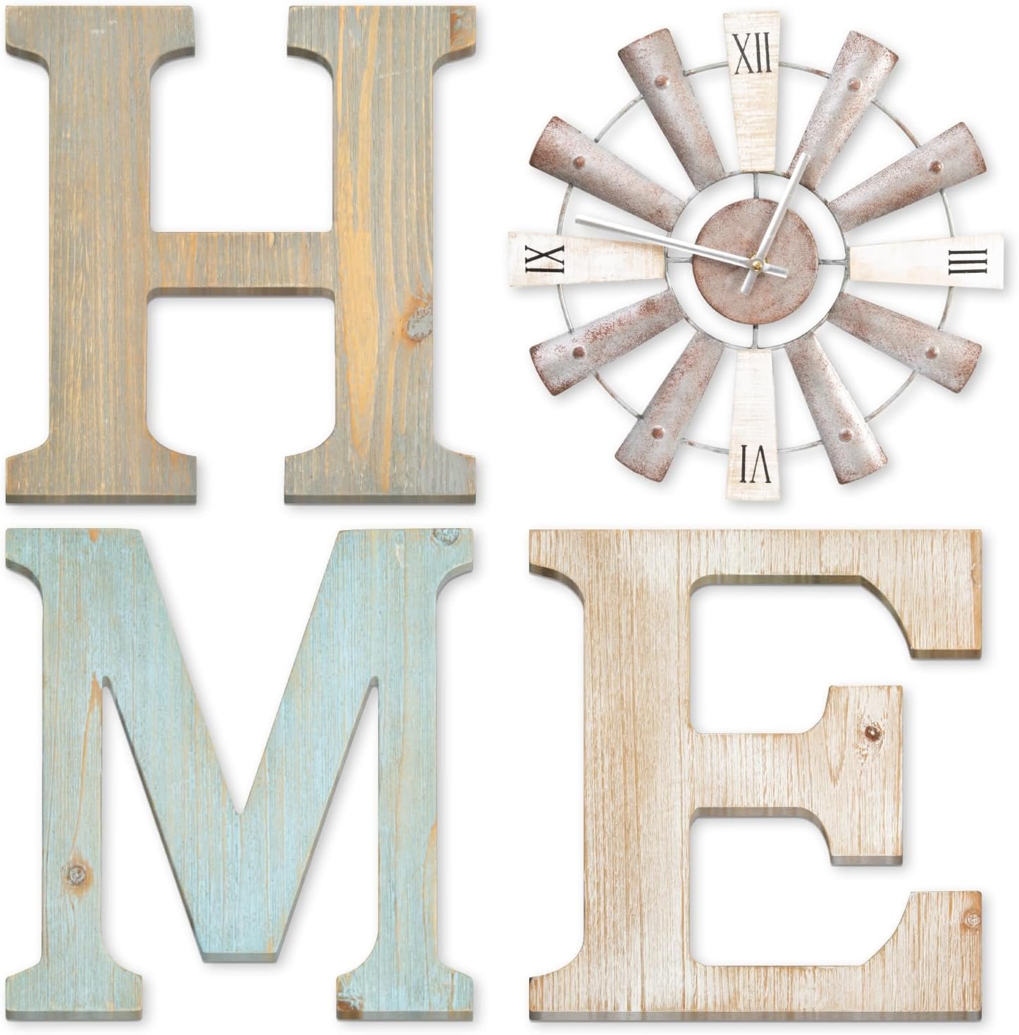 ZAZIWZ Farmhouse Home Signs with Windmill Clock Wall Decor Rustic Home Letters Wall Art for Living Room Kitchen Entryway Dining Room Bedroom (mix color)