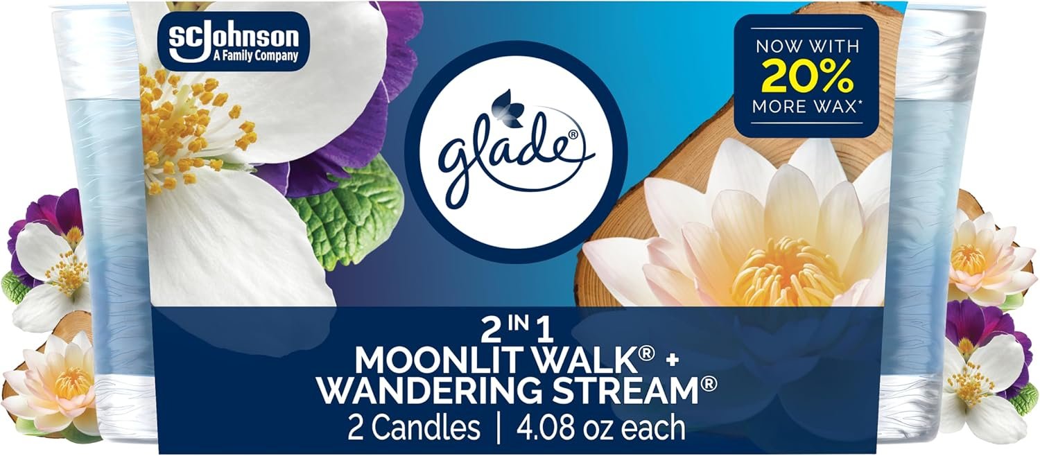 Glade 1-Wick 2in1 Scented Candle Jar, Moonlit Walk & Wandering Stream, Air Freshener Infused with Essential Oils, 4.08 Oz, 2 Count