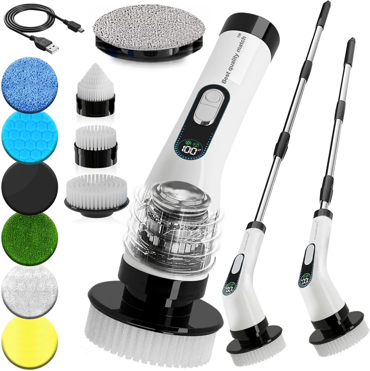Electric Spin Scrubber for Cleaning, Cordless Power Scrubber with Long Handle, 10 Replaceable Brush Heads, 2-Speed, IPX7 Waterproof for Bathroom, Shower, Tub, Tile & Kitchen