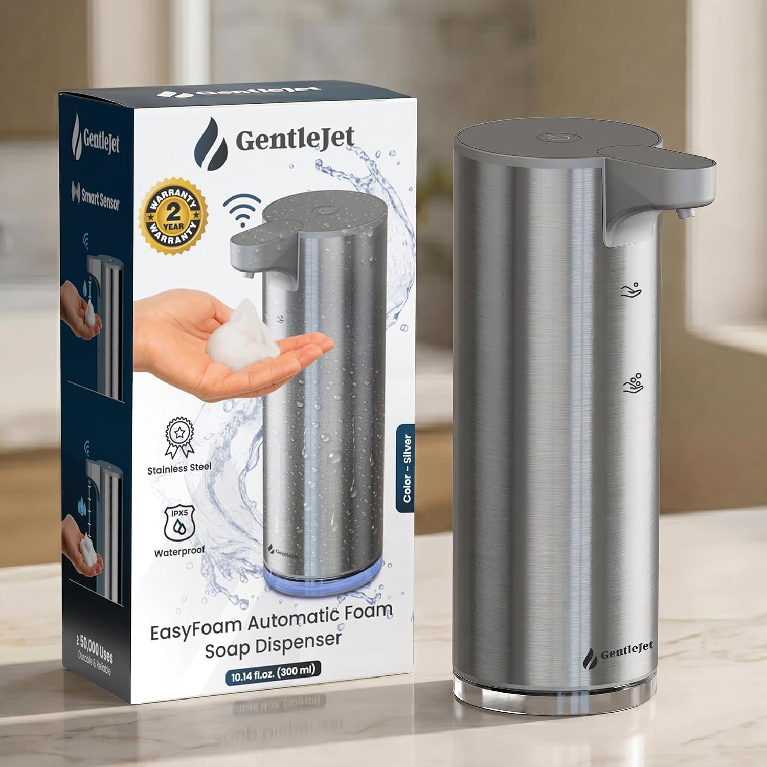 GentleJet EasyFoam Automatic Foaming Soap Dispenser, Touchless USB-C Rechargeable Sensor Pump, 304 Stainless Steel, Adjustable Foam, IPX5 Water-Resistant for Bathroom & Kitchen, 10 fl oz / 300 mL