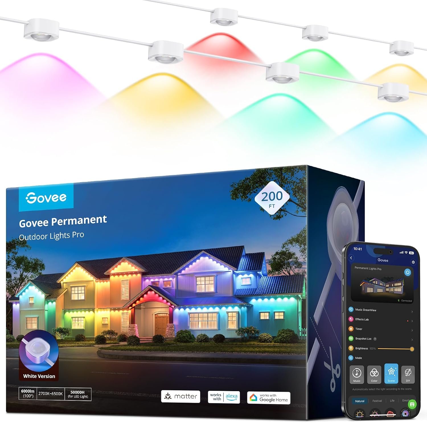 Govee Permanent Outdoor Lights Pro, 200ft with 120 RGBIC LED Lights, White | Daily and Accent Lighting, 75 Scene Modes for Patio, Backyard, IP67 Waterproof, Works with Alexa, Google Assistant, Matter