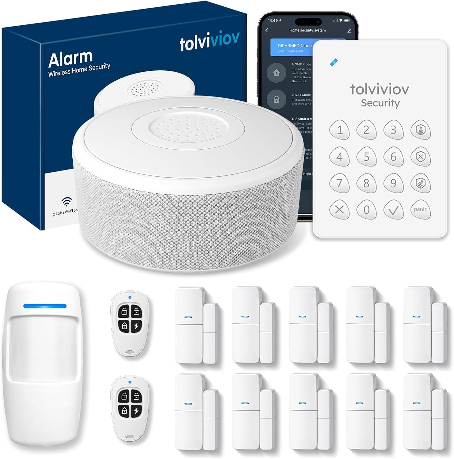 tolviviov Alarm System for Home Security, Door Alarm Systems, App Alerts, 15Piece Kit, No Monthly fee, WiFi Alarm, Door Window Motion Sensor, for Home Security and Kids Safety | 120db alarm