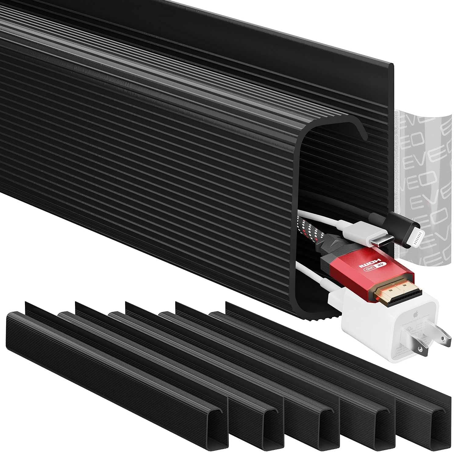 EVEO Cable Management Under Desk Kit (6 Units) – Under Desk Cable Management Cord Hider, Cable Hider Cord Management, Cable Organizer, Cable Raceway | Self-Adhesive 96” J Channel 6X16 – Black