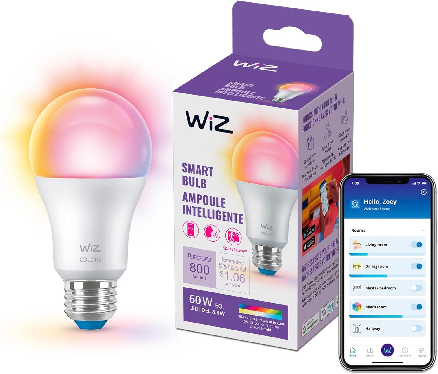 WiZ Connected LED Smart Light Bulbs, Sunset to Sunrise Automation + Motion Detection + Control with Voice or App, Full Color A19 60W 800LM E26 Indoor, Matter Compatible – 1 Pack