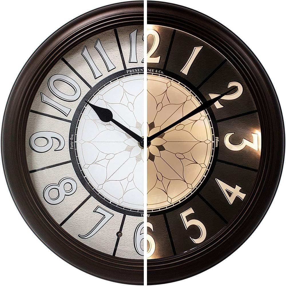 Presentime & Co. 12.6″ Illuminated Farmhouse Wall Clock, Silent Battery Operated Night Light Wall Clock with Smart LED Sensor for Living Room, Bathroom, Kitchen, Home Office, Oil Rubbed Bronze Finish