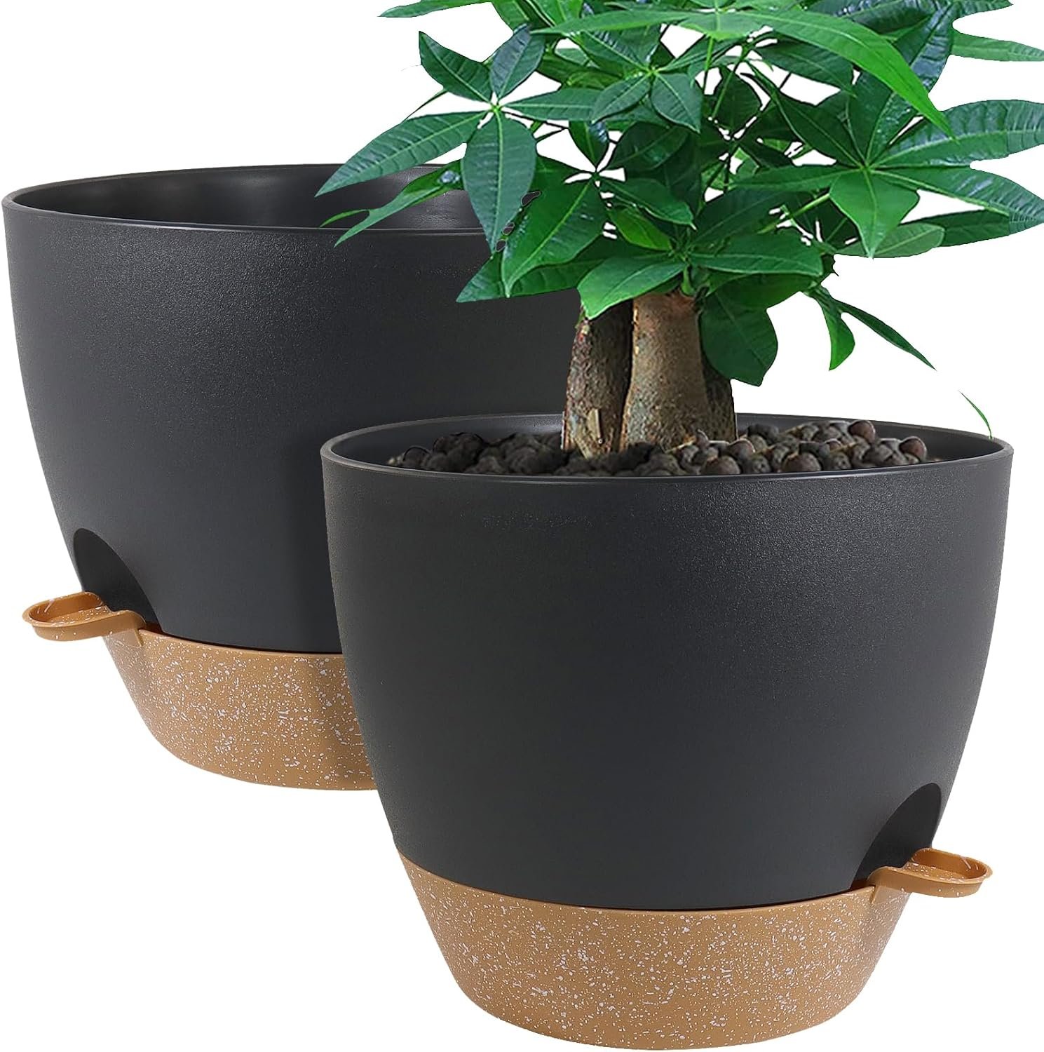 UOUZ 12inch 2Pack Large Self Watering Planters, Plastic Plant Pots with 60oZ Removable Deep Reservoir and Multi Mesh Drainage Holes for Indoor Outdoor Garden Plants and Flowers, Black with Brown