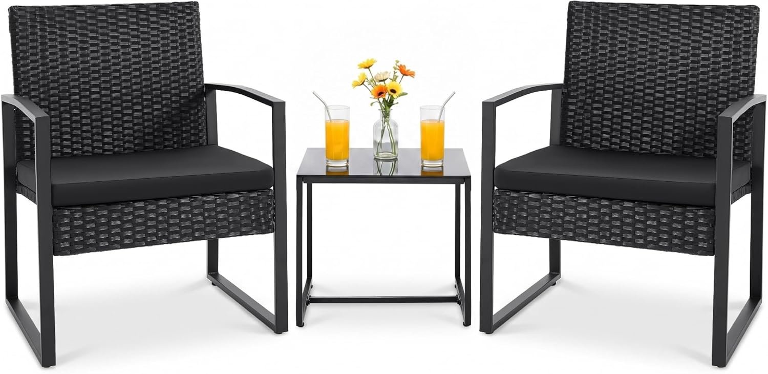 Flamaker 3 Pieces Outdoor Patio Wicker Furniture Set, Modern Rattan Chair Conversation Sets with Coffee Table for Yard and Bistro (Black)