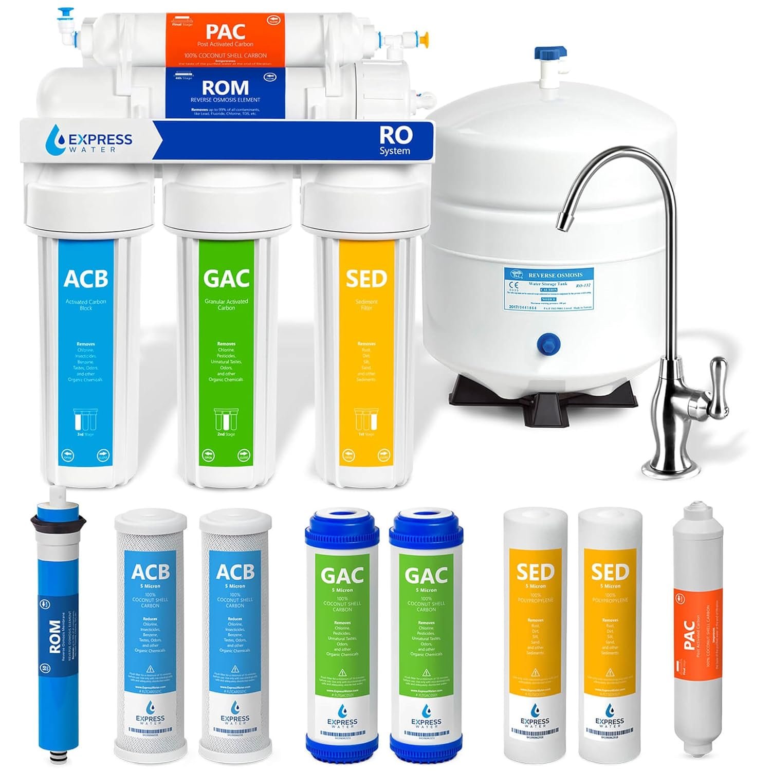 Express Water RO5DX 5-Stage Under Sink Reverse Osmosis Water Filter System, NSF Certified 372 & 58, 50 GPD, Reduces 99% of Impurities, Deluxe Chrome Faucet