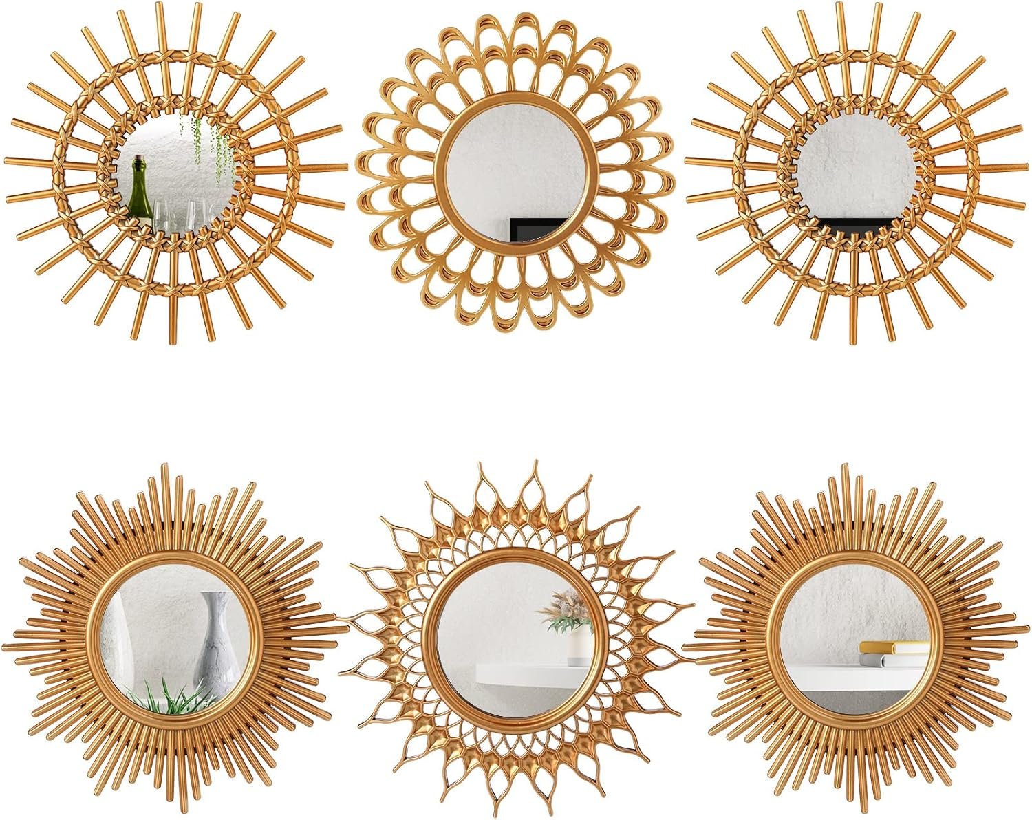Namalu 6 Pcs Sunburst Mirror for Wall Decor, Small Circle Sun Decorative Mirror Hanging for Art Entryway Home Decor Bathroom Bedroom Living Room(Classic,Gold)